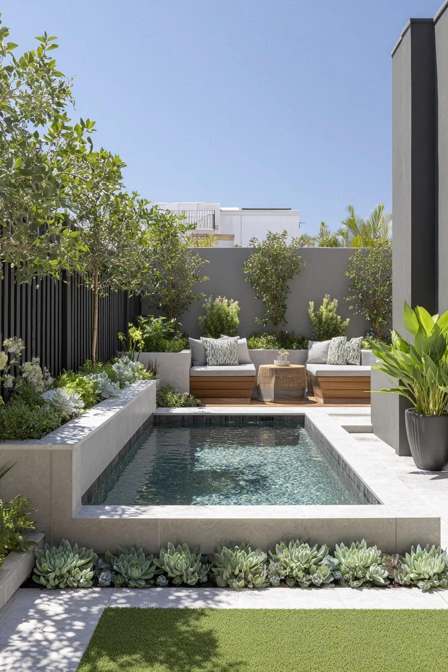 Modern small rectangular plunge pool in a minimalist backyard with concrete walls, succulents, and charcoal fencing.