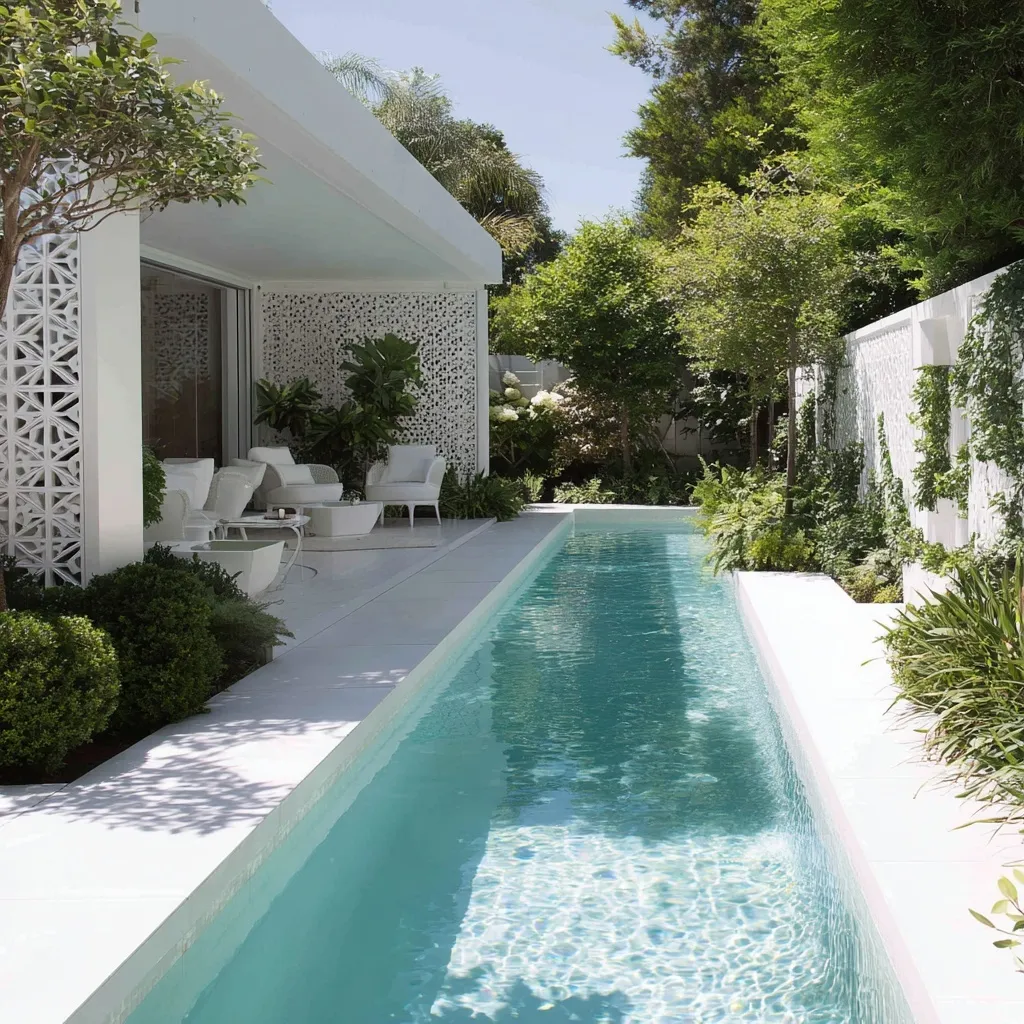 Modern geometric lap pool with white mosaic tiles in a luxurious, landscaped small backyard garden.