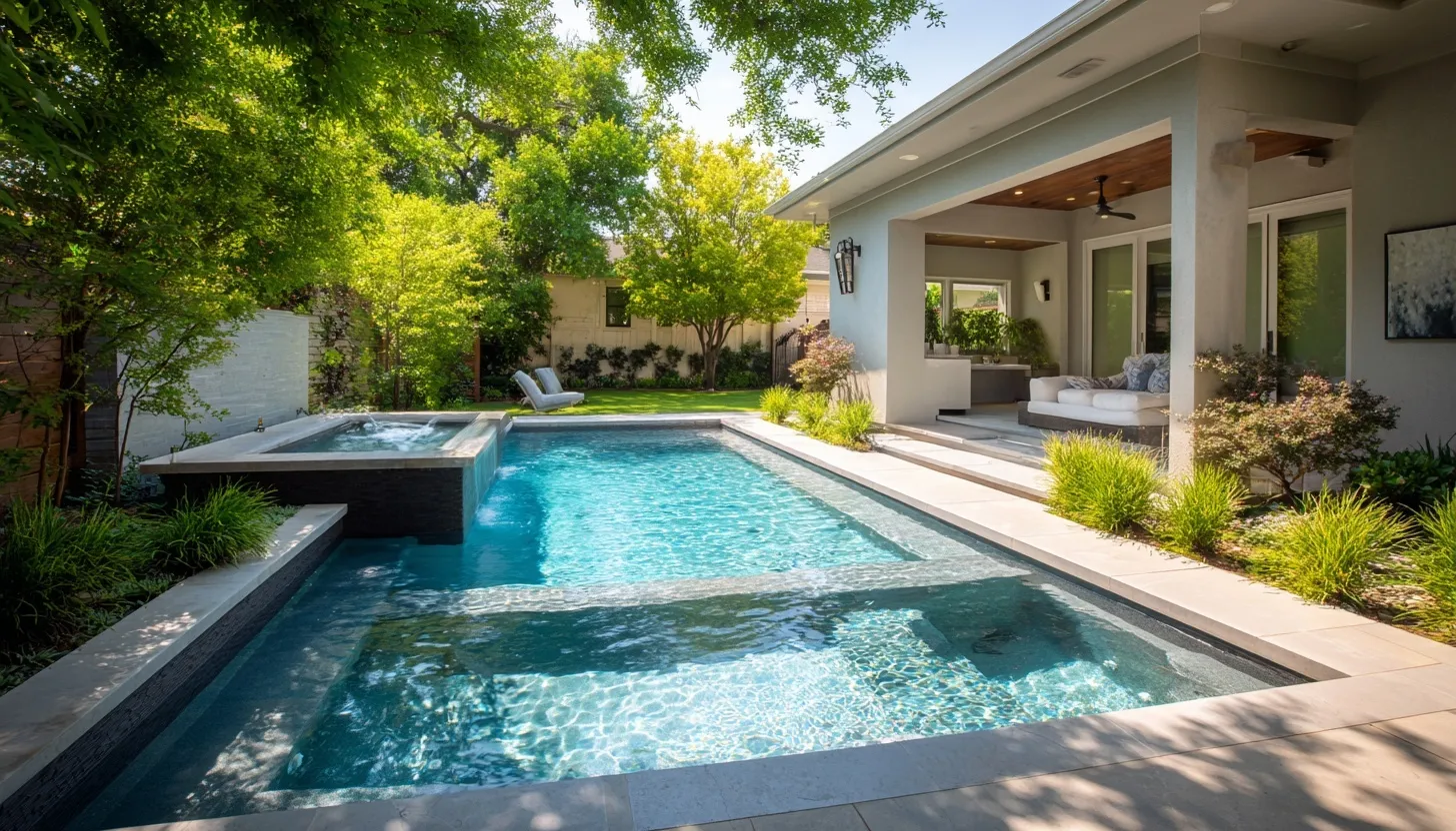 Modern geometric backyard pool in Texas with integrated hot tub for luxury outdoor relaxation.