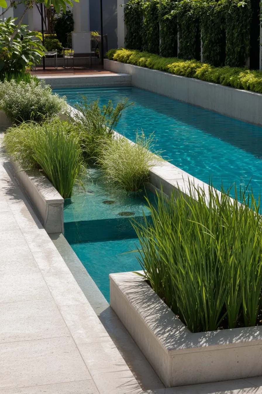 Small geometric backyard pool with a modern water garden, rectangular planter box, and lush ornamental grasses.