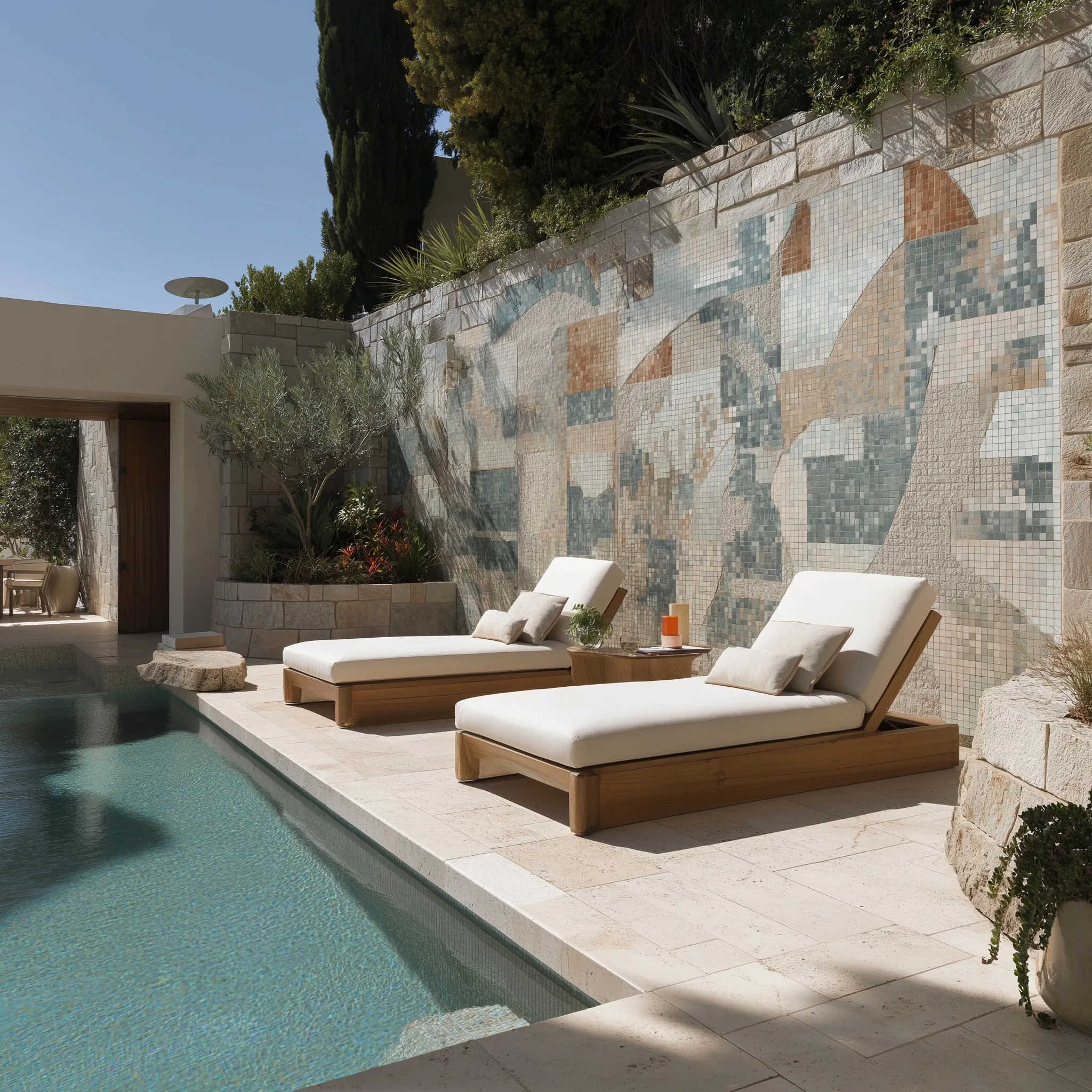 Small backyard geometric pool featuring a sculptural Kelly Wearstler-inspired tonal mosaic tile mural wall.