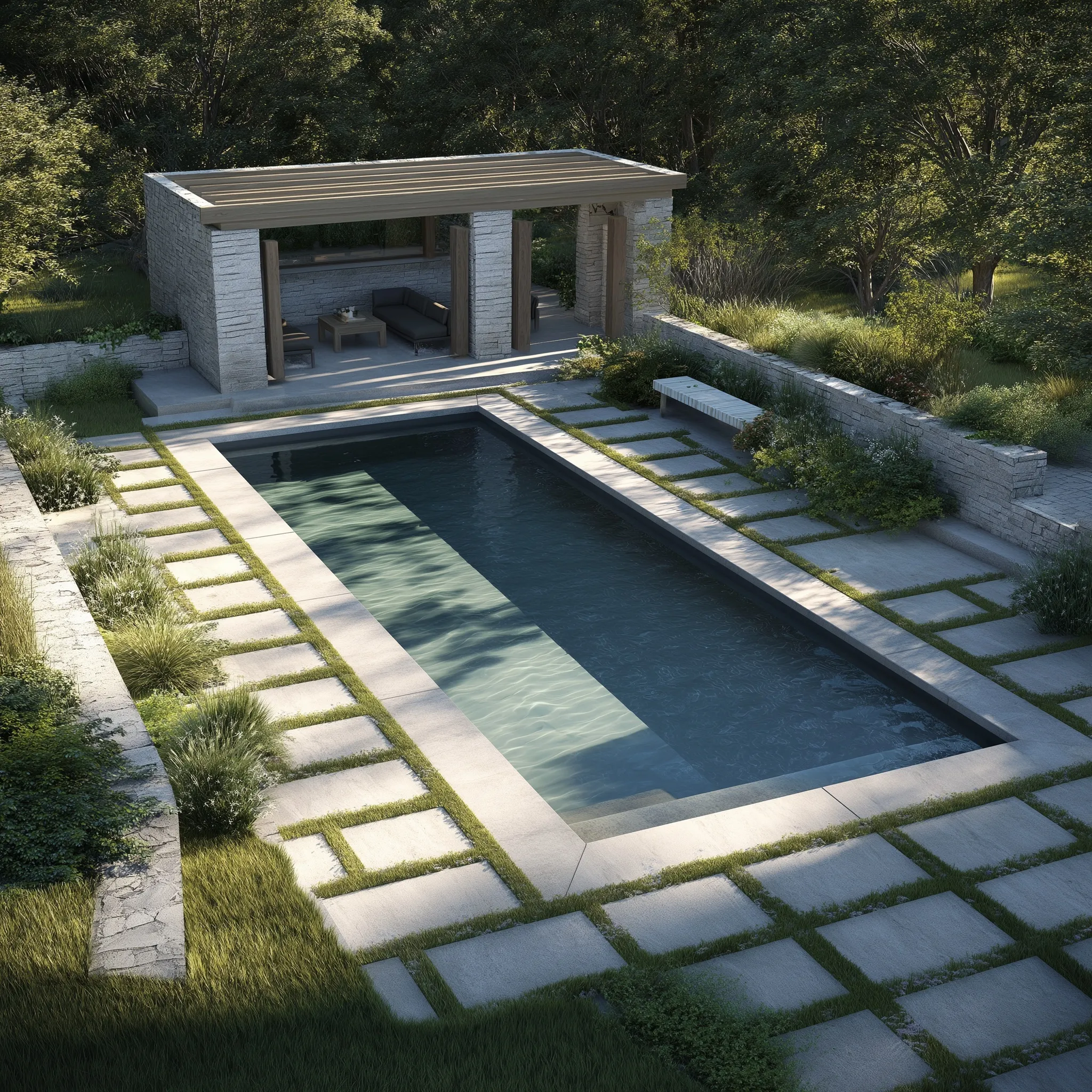 Modern 14x30 geometric backyard pool with mossy pavers, poolside pergola, and a cozy pool house in a rural setting.