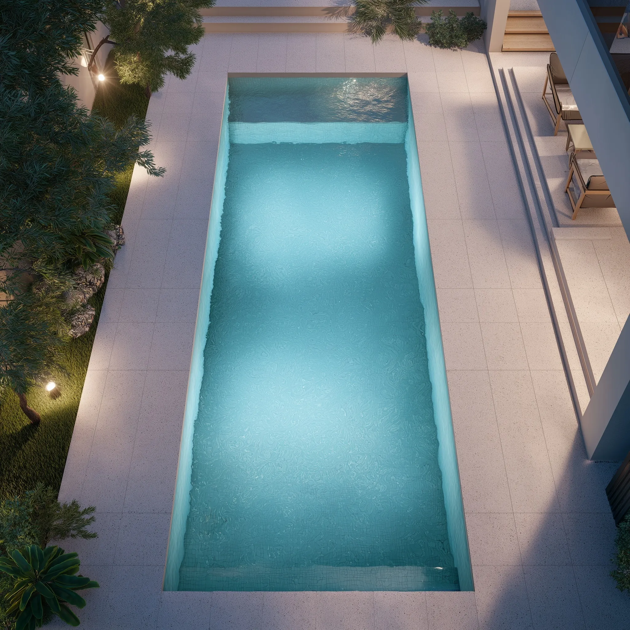 Modern isometric 3D architectural render of a minimalist rectangular backyard pool design with clean concrete patio.