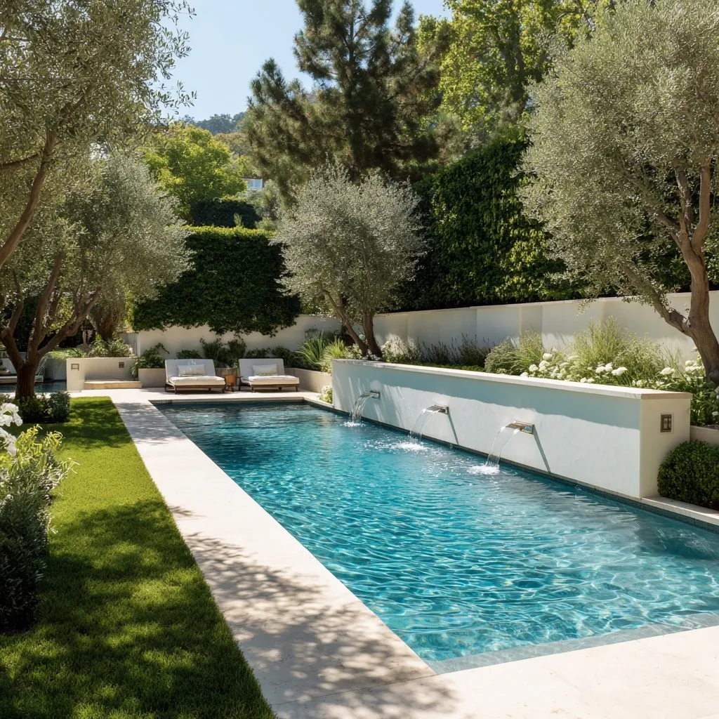 Modern Mediterranean rectangular pool with concrete coping, white stucco wall, water features, and olive tree hedge.