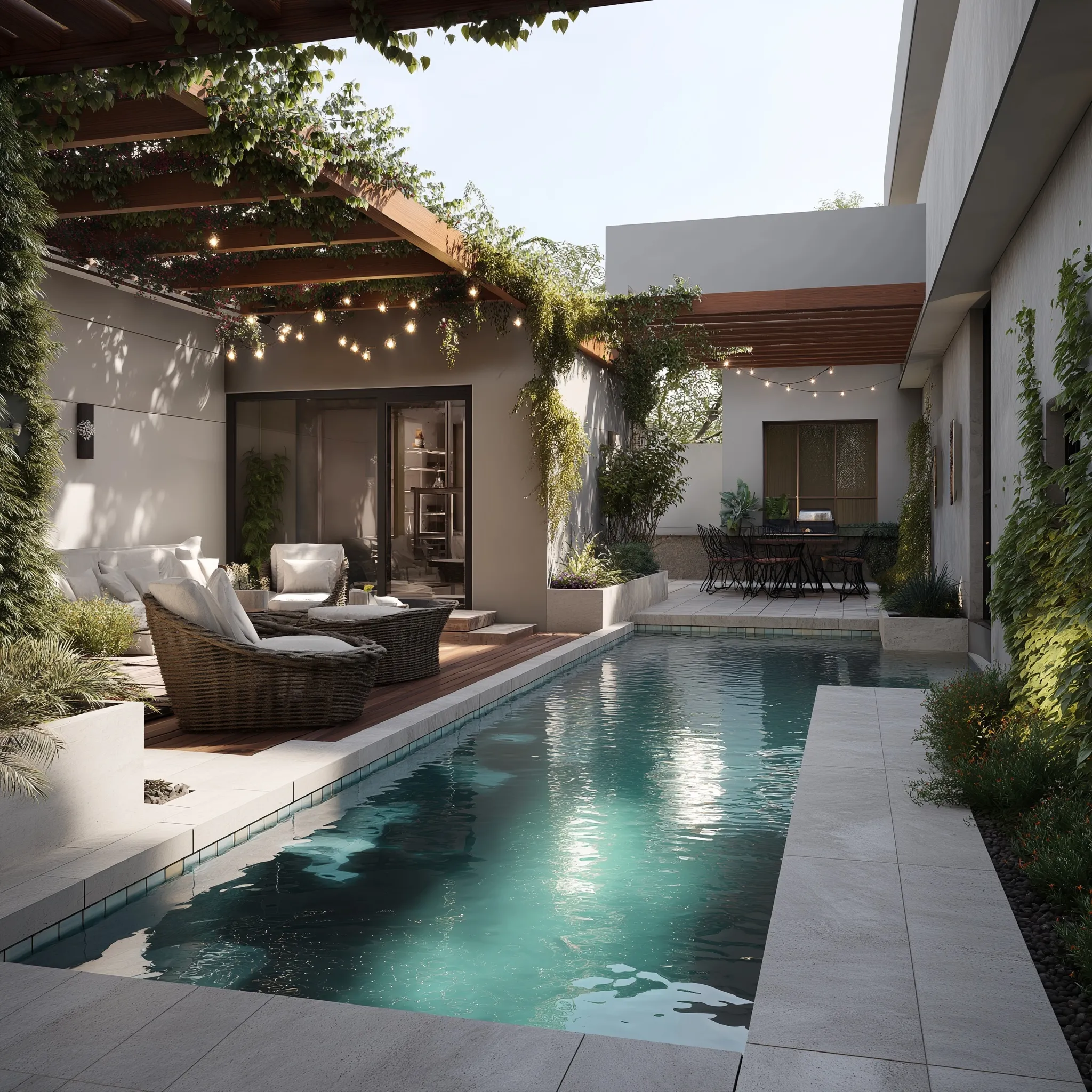 Modern residential small backyard geometric pool with sleek patio design for luxury outdoor living and relaxation.