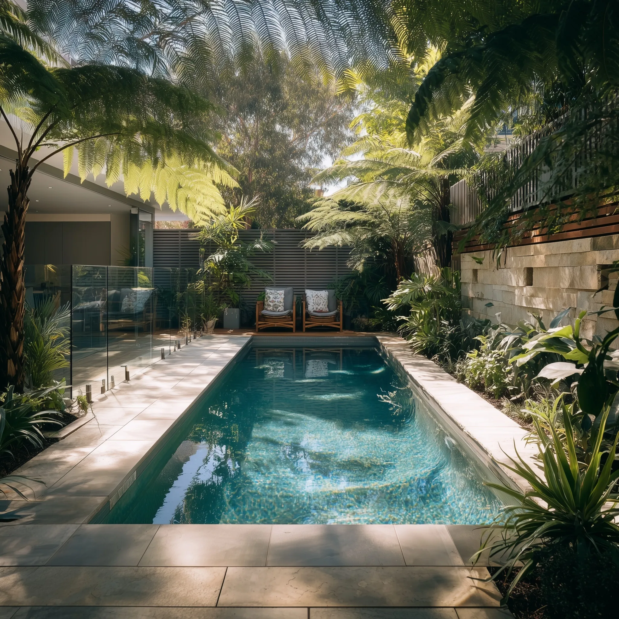 Small geometric backyard pool with tropical plants and a glass fence, perfect for Australian outdoor entertaining.