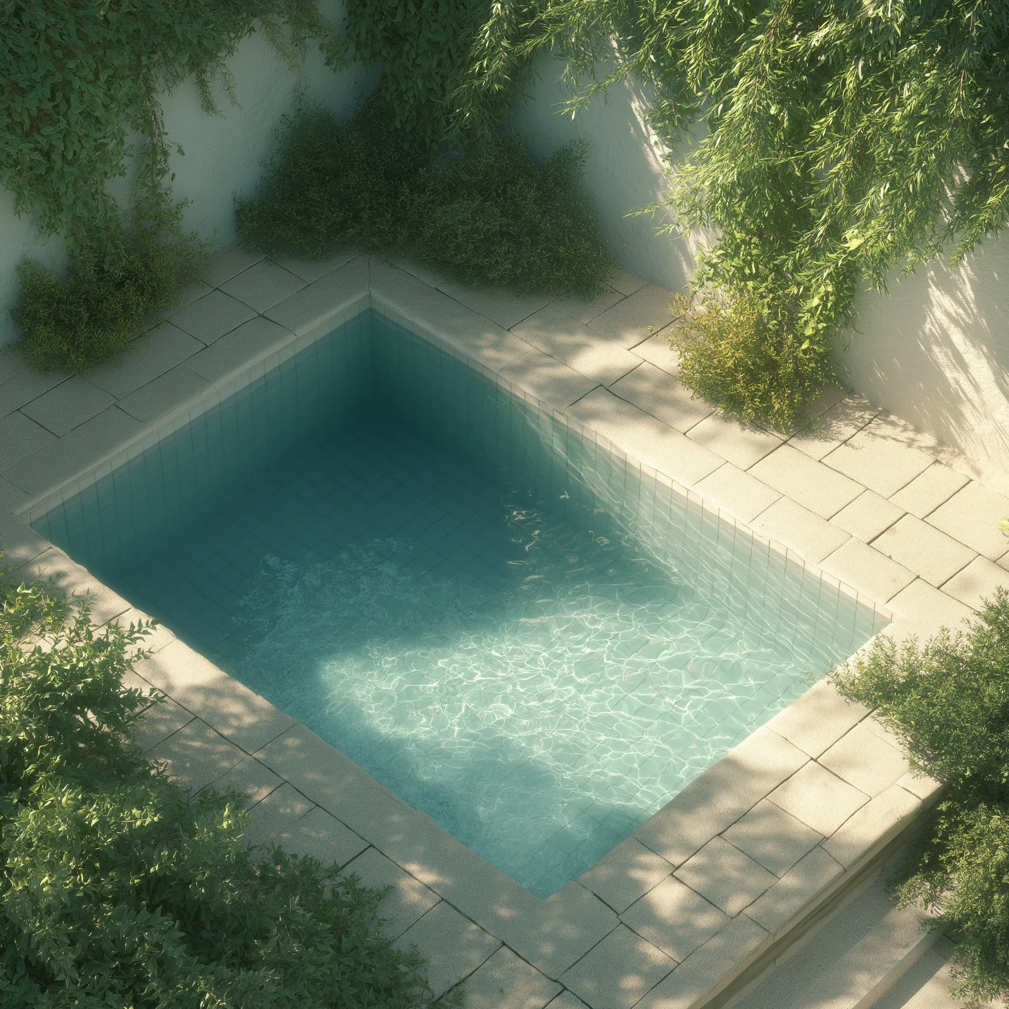A quiet, sunny backyard geometric pool offering a serene retreat for relaxation and summer leisure.