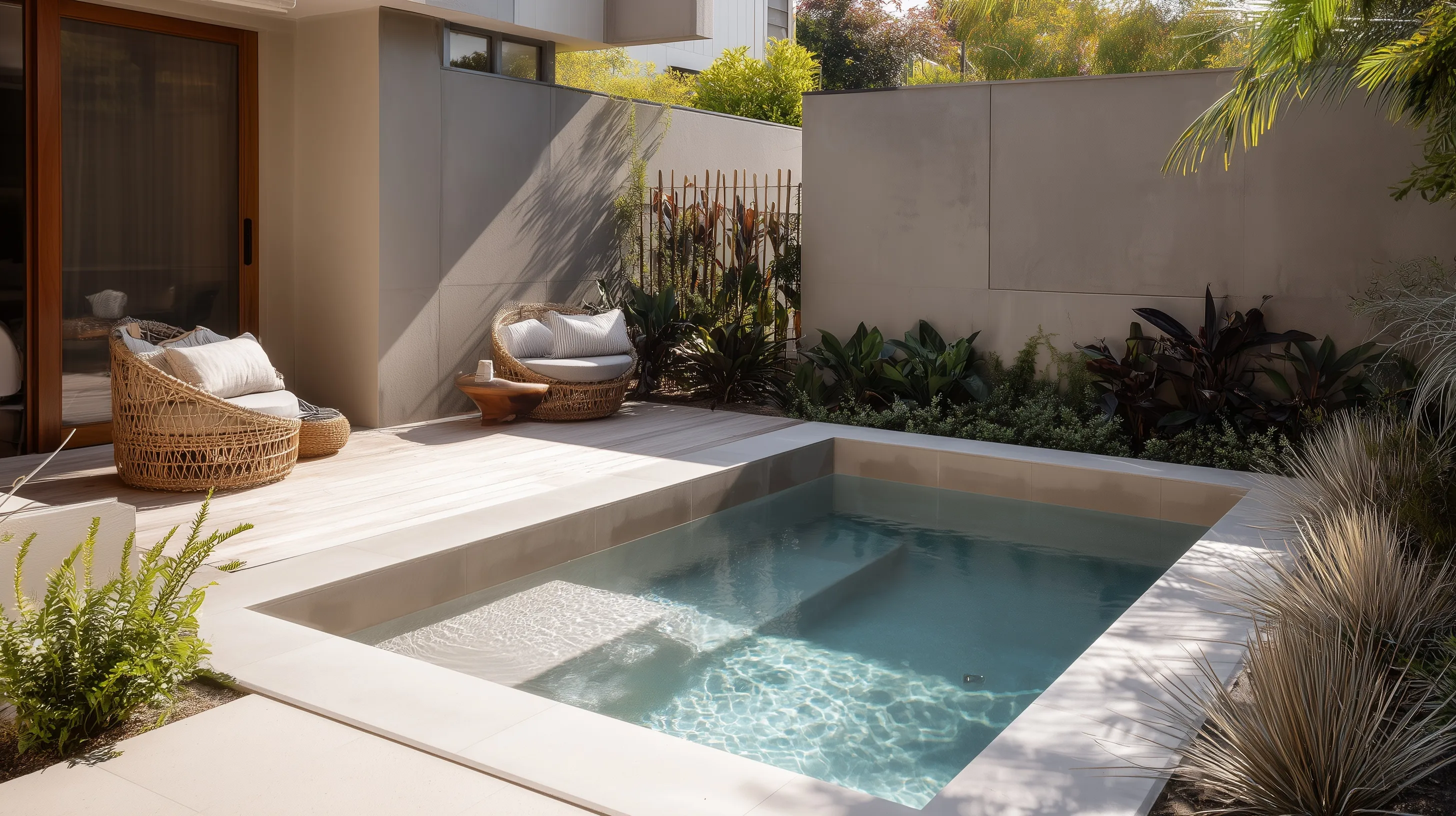 Modern compact geometric plunge pool in a cozy Australian backyard with neutral materials and soft landscaping.