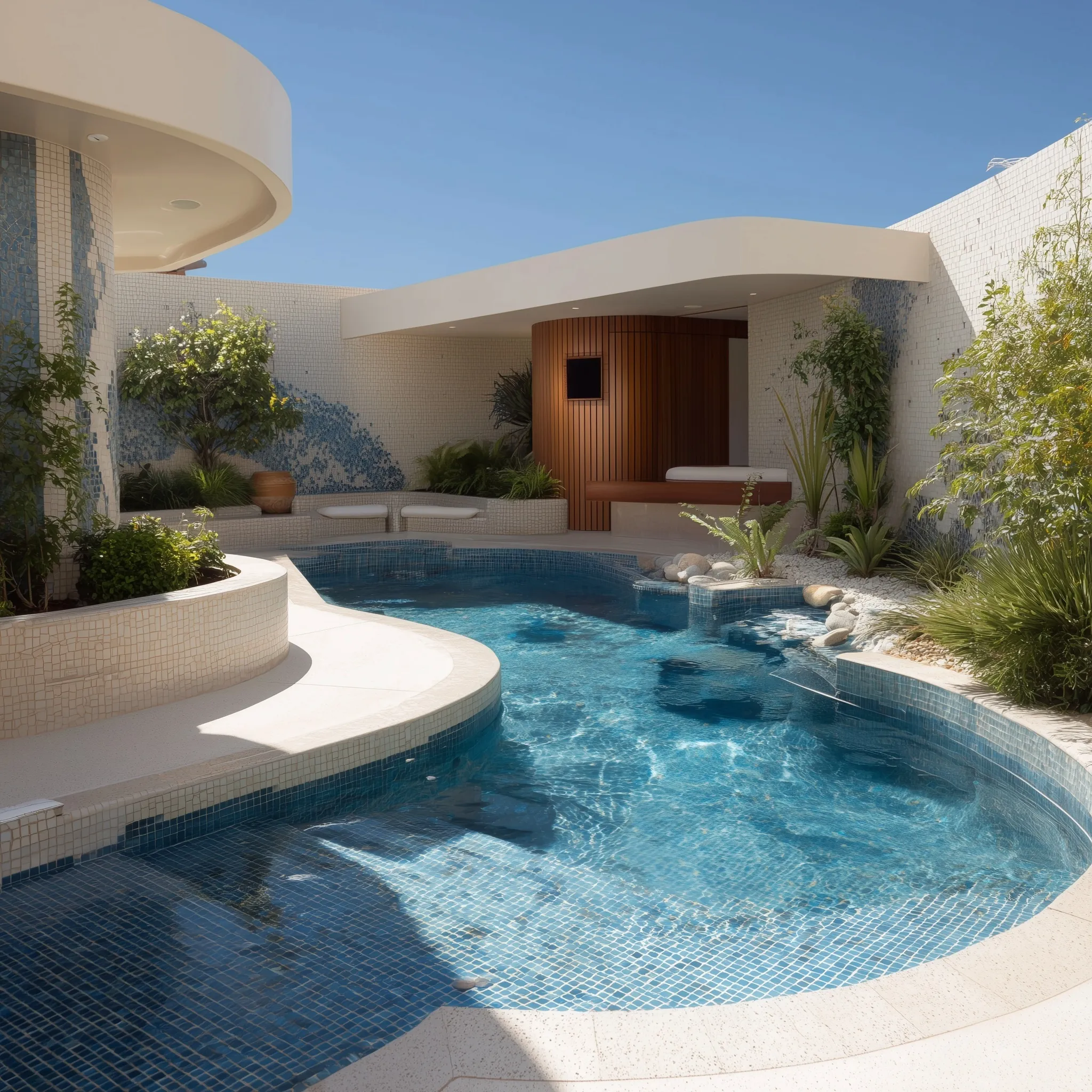 Small backyard geometric pool with dark blue tiles, cream deck, sauna bale, ice bath, and curved privacy wall.