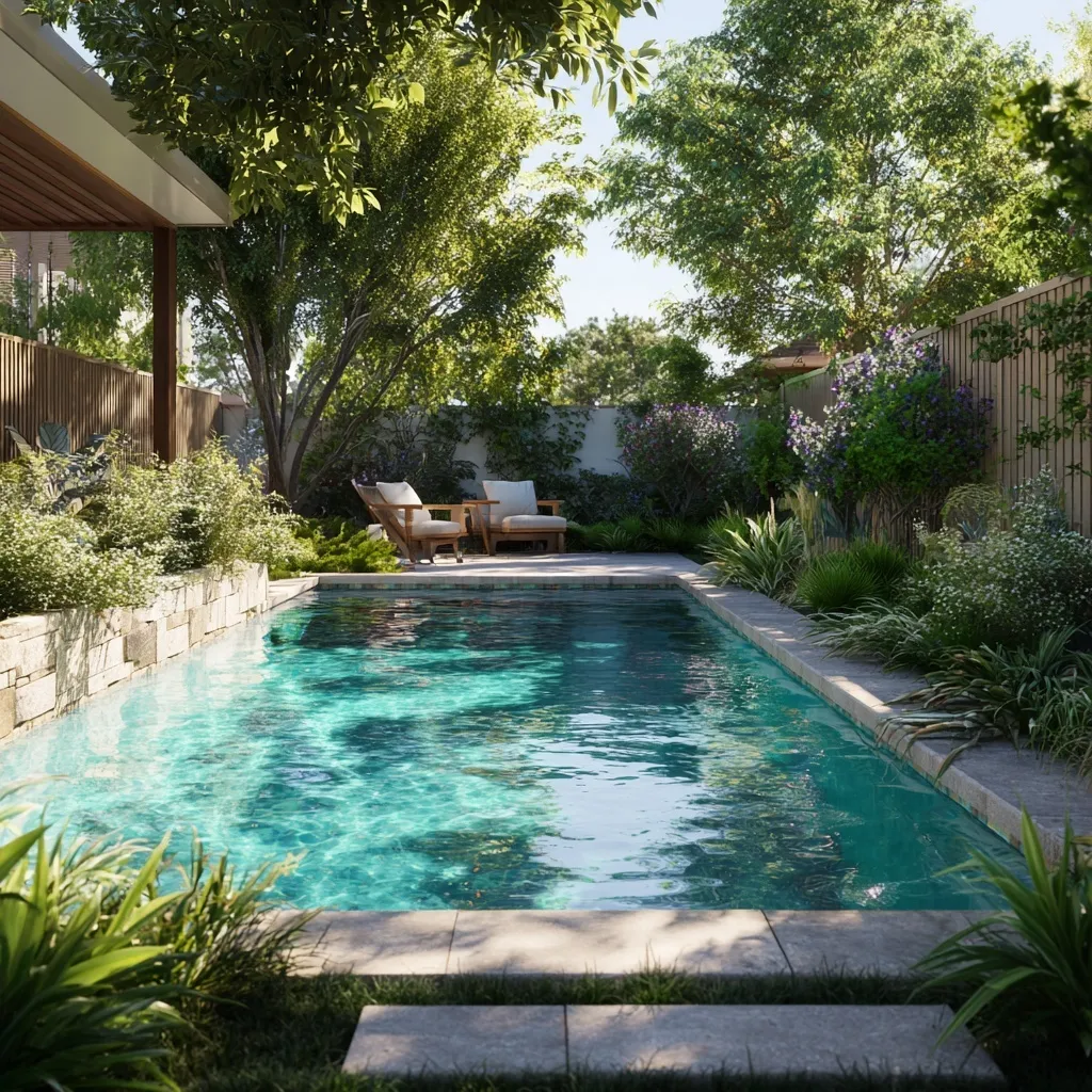 Small geometric backyard pool featuring a lush privacy planting buffer along the boundary fence.