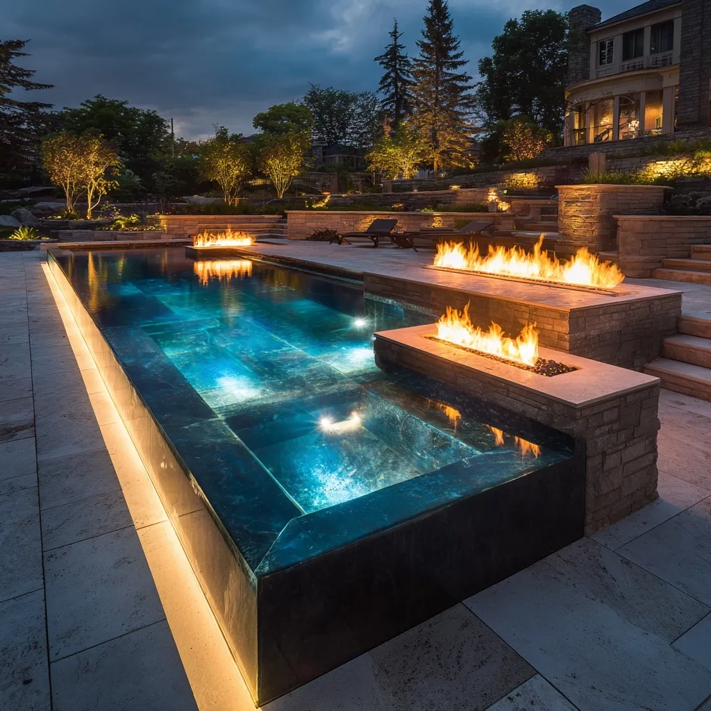 Small backyard geometric pool featuring modern fire bowls and glowing LED lighting for a luxurious outdoor lounge.
