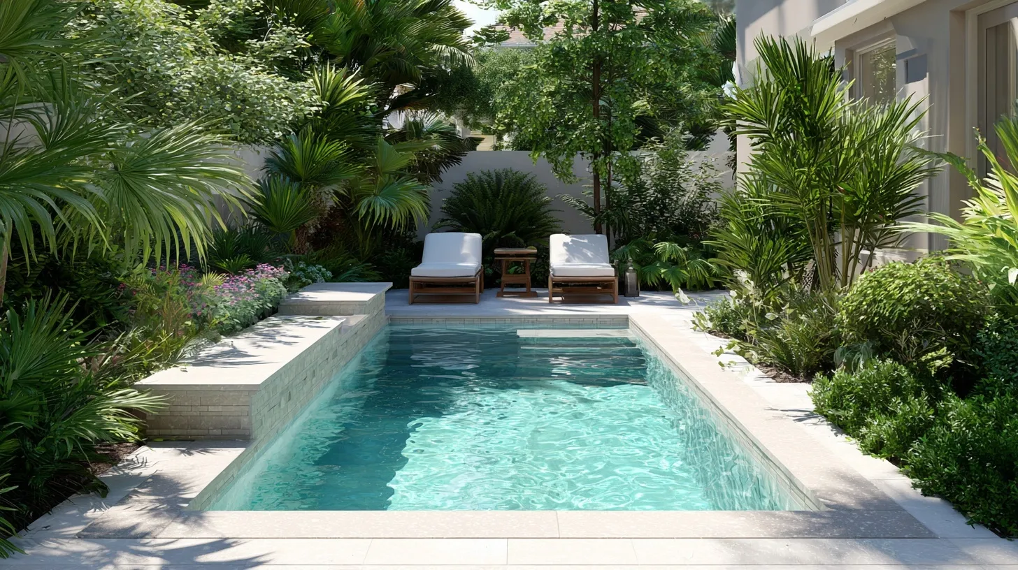 Modern geometric plunge pool in a small backyard with lush tropical plants and a travertine lounge deck.