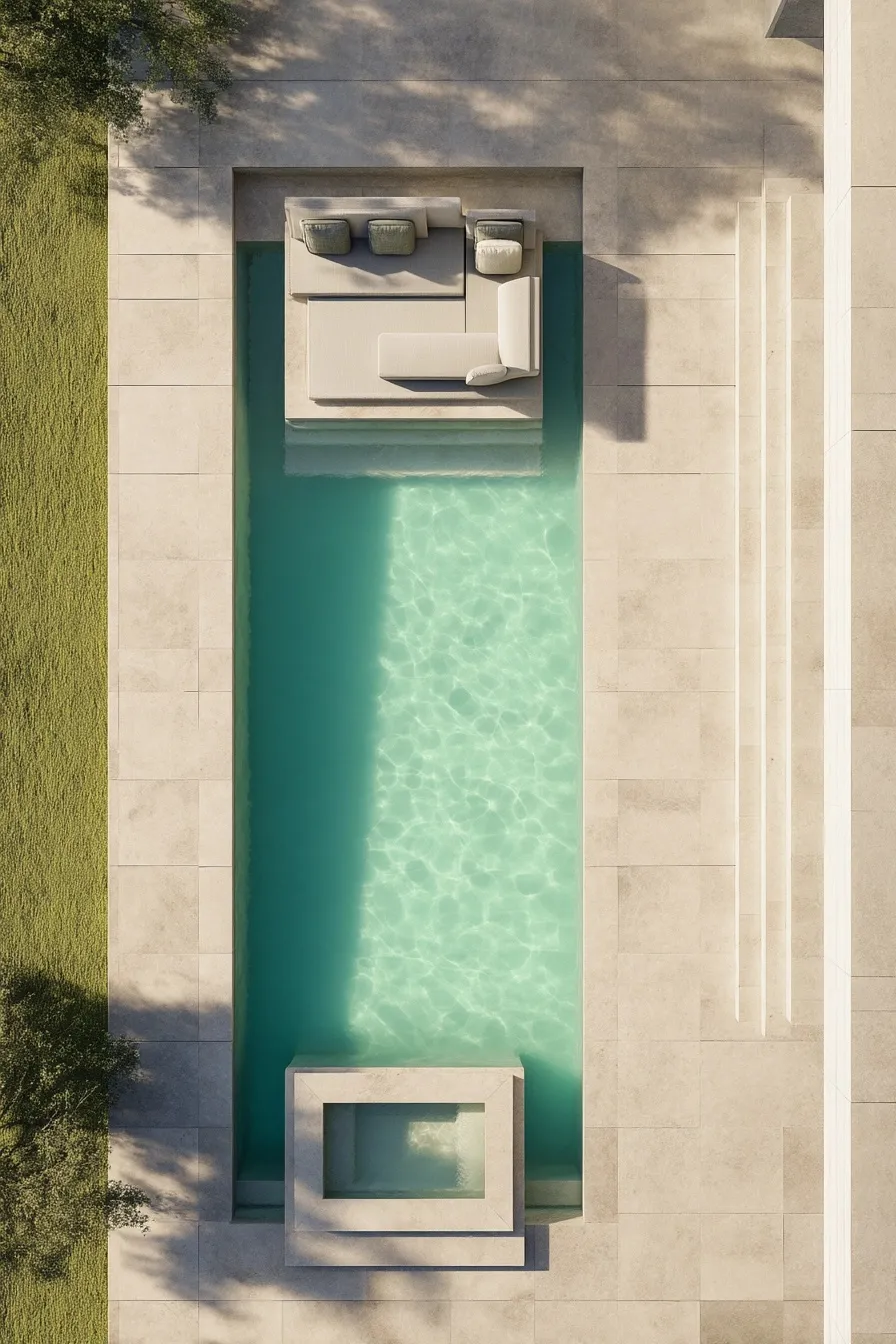 Aerial view of a luxury minimalist geometric pool with a sunken lounge, beige stone deck, and pale green water.