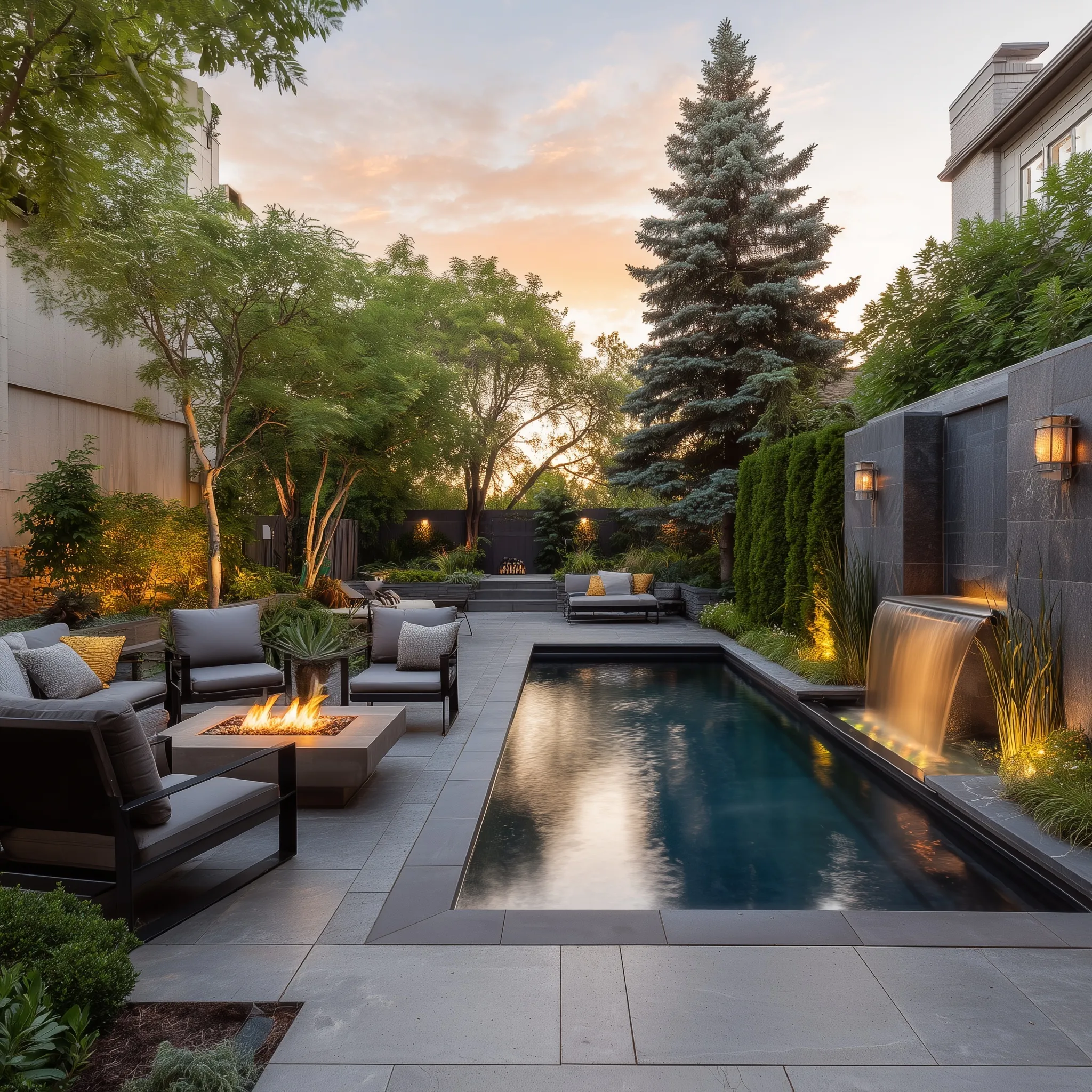 Modern small geometric backyard pool with waterfall, stone fire pit, and lounge seating at sunset.