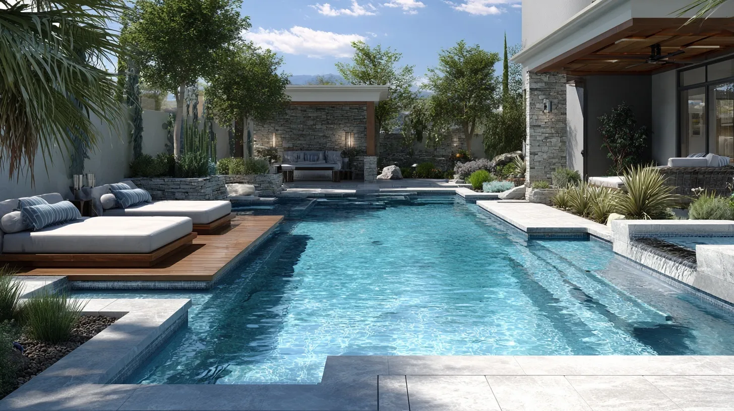 A modern small geometric backyard pool design featuring a clean, comfortable, and luxury outdoor living space.