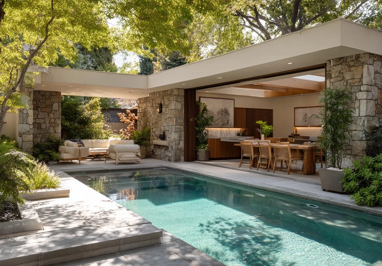 Small geometric backyard pool with patio, lush plants, and trees, creating a comfortable home oasis.