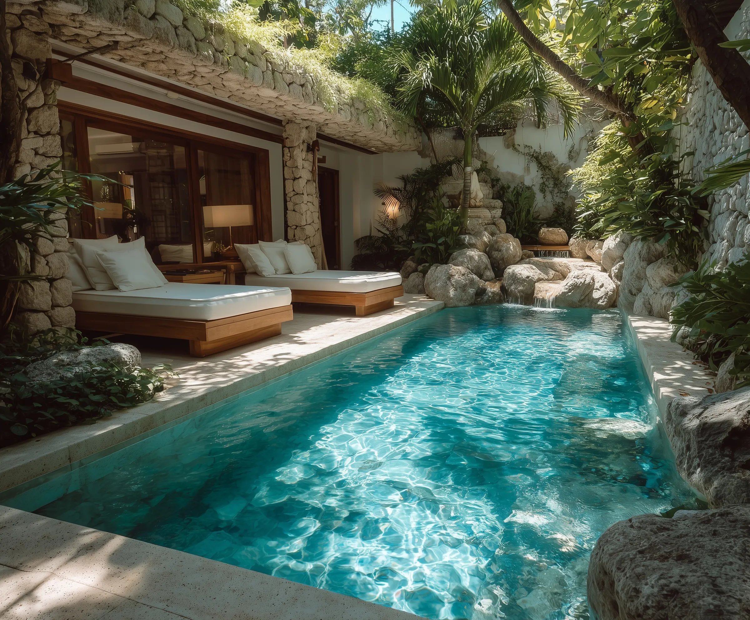 Top view of a custom sand-colored beach entry backyard pool with natural stone and minimalist sunbeds.