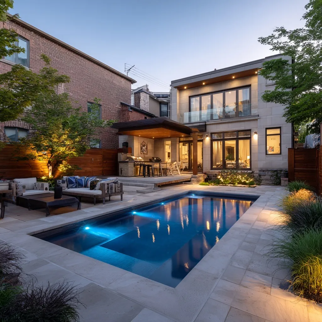 A modern triangular inground pool in a small suburban backyard with a patio, BBQ area, and privacy fencing.