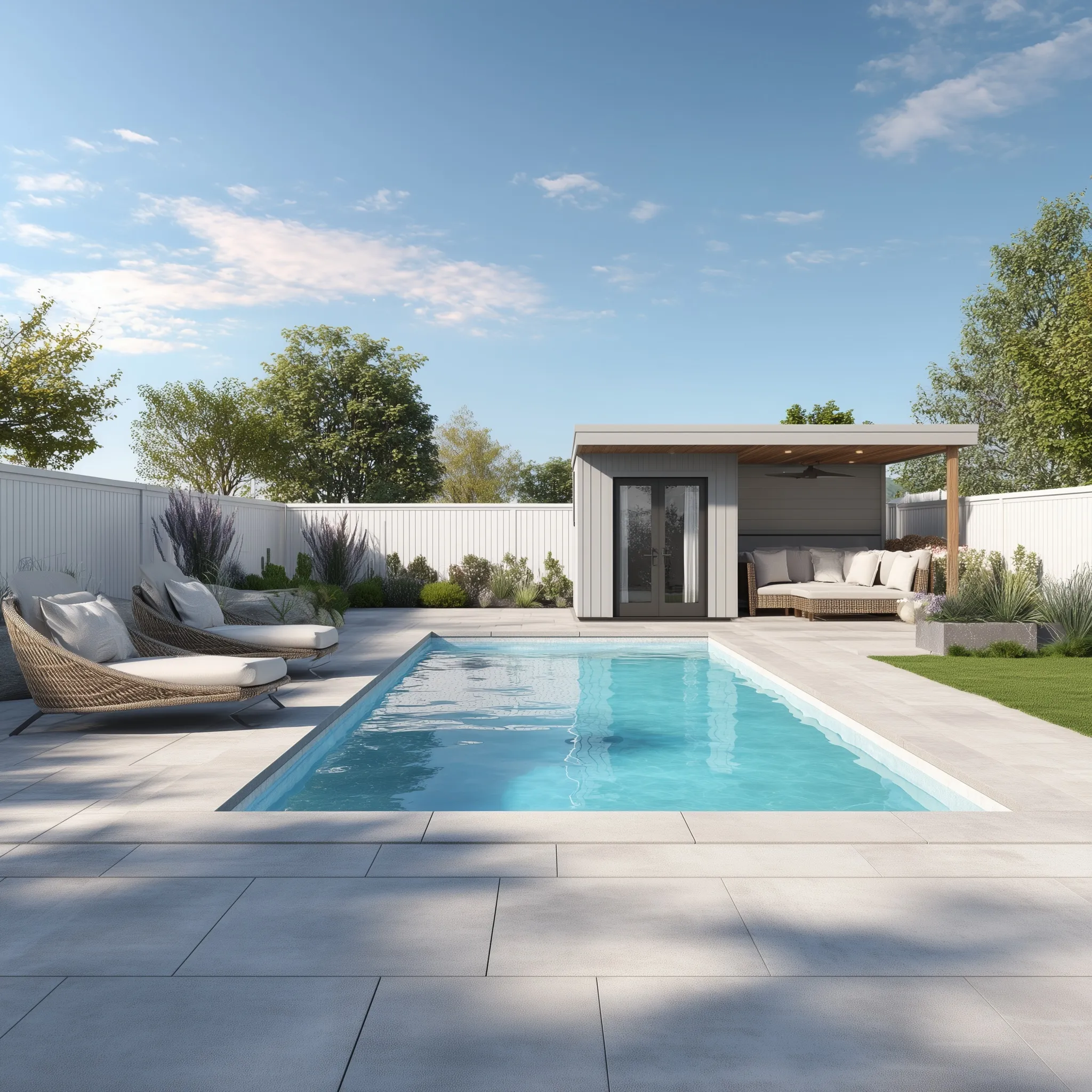A modern small backyard featuring a geometric pool, wooden pergola, lounge area, and a minimalist home office shed.