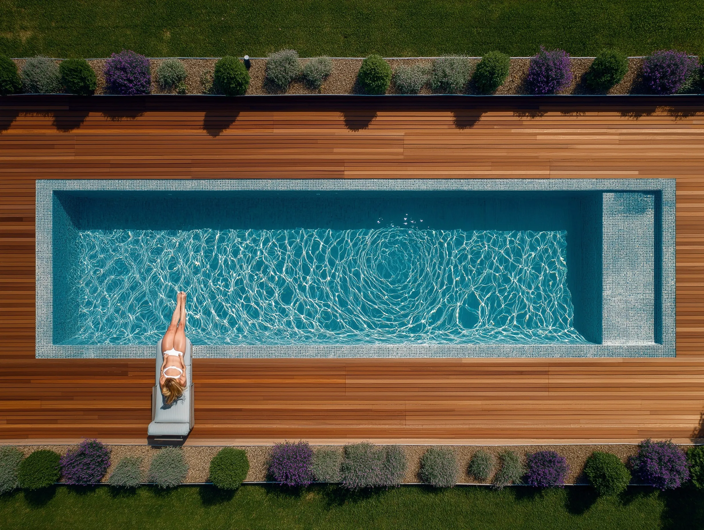 Drone view of a small geometric pool with angelique wood decking, lush landscaping, and a woman relaxing poolside.