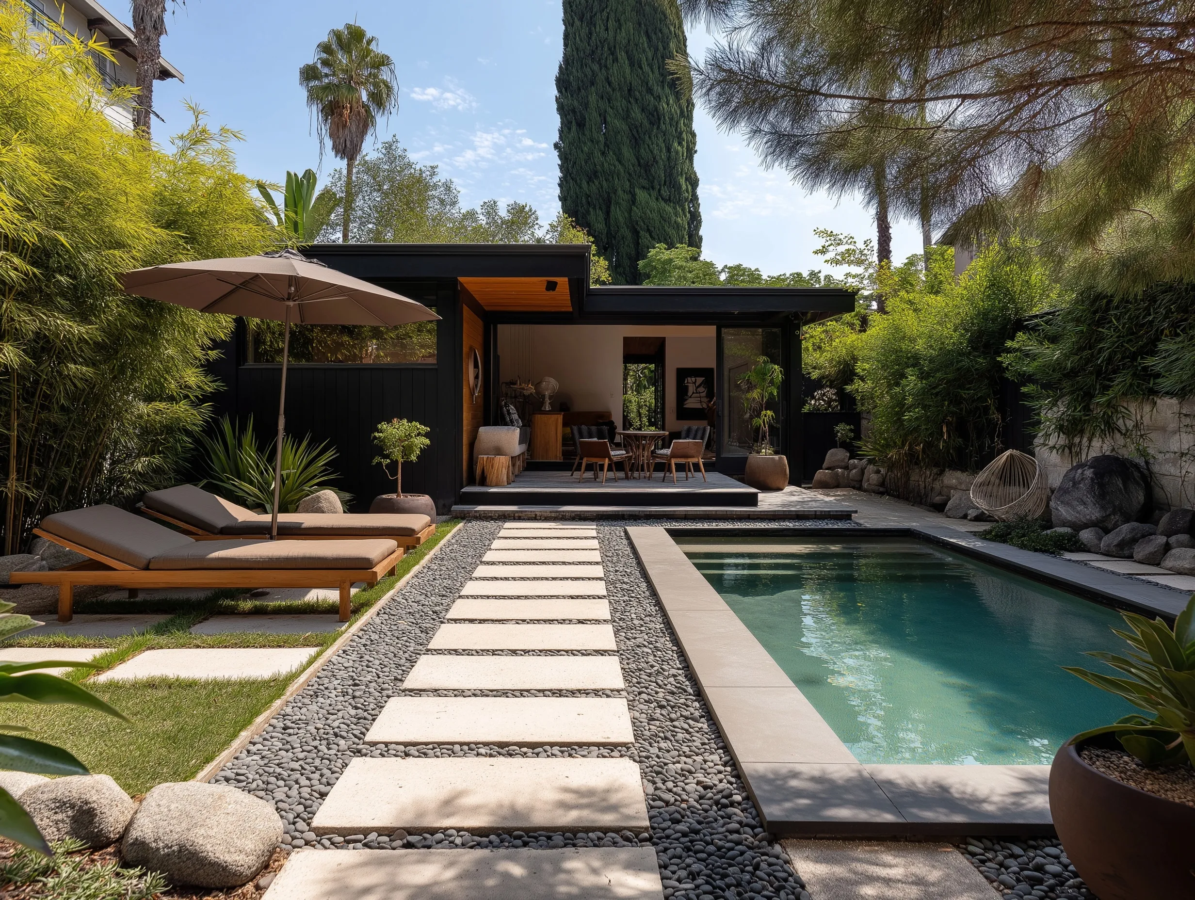 Geometric pool in a modern Los Angeles backyard with a black house, flagstone patio, and minimalist lounge chairs.