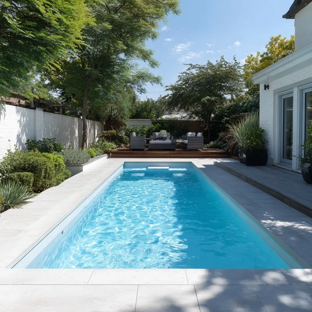 Small rectangular fiberglass geometric pool in a backyard, ideal for relaxation and compact outdoor living.