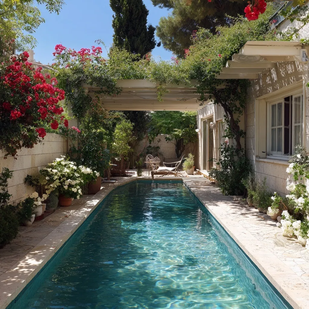 A modern small backyard geometric swimming pool in a lush Israeli garden with vibrant flowers and patio seating.