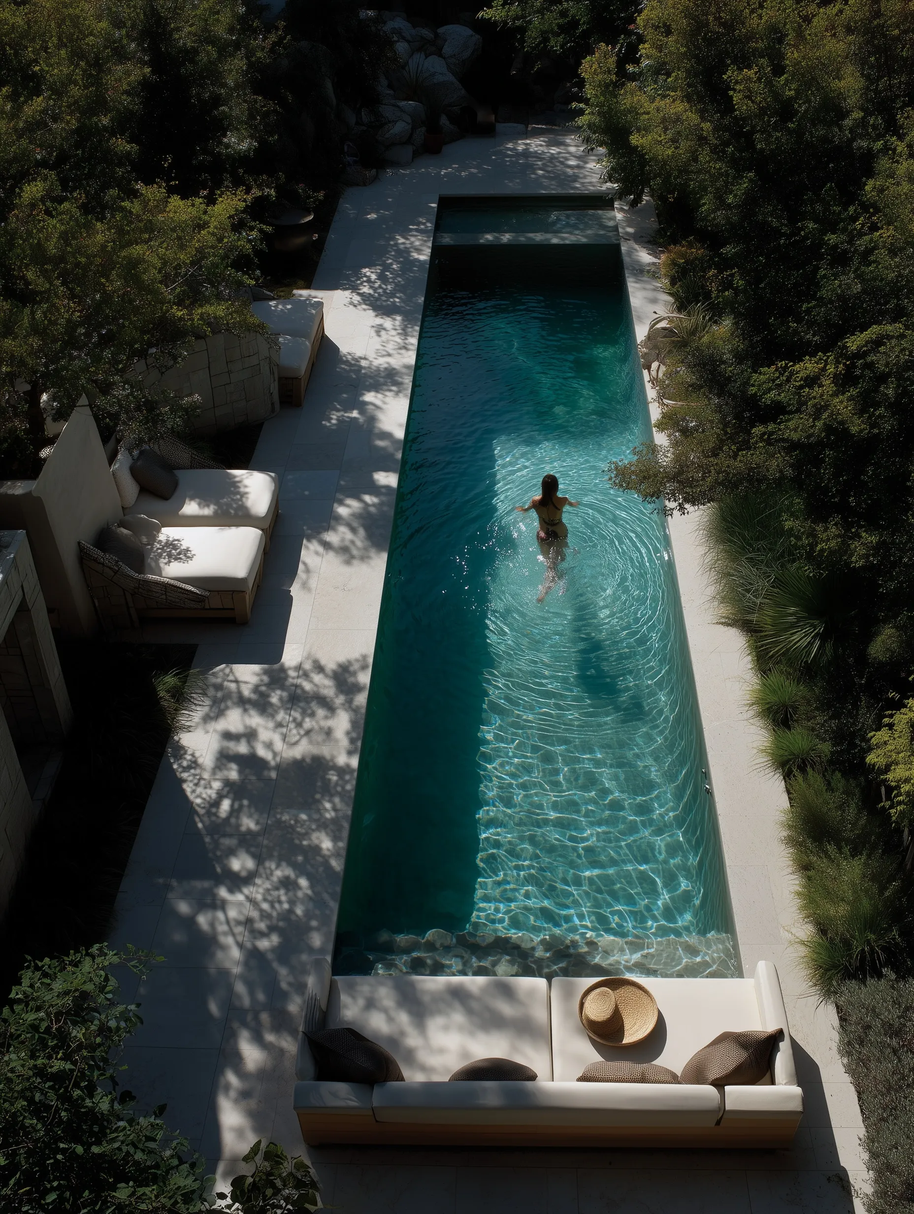 Drone top-down view of a minimalistic small geometric backyard pool with a person swimming in a lush garden setting.
