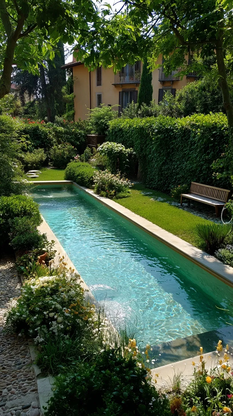 A sleek geometric backyard pool with white stone decking, lush garden, and Italian summer villa atmosphere.