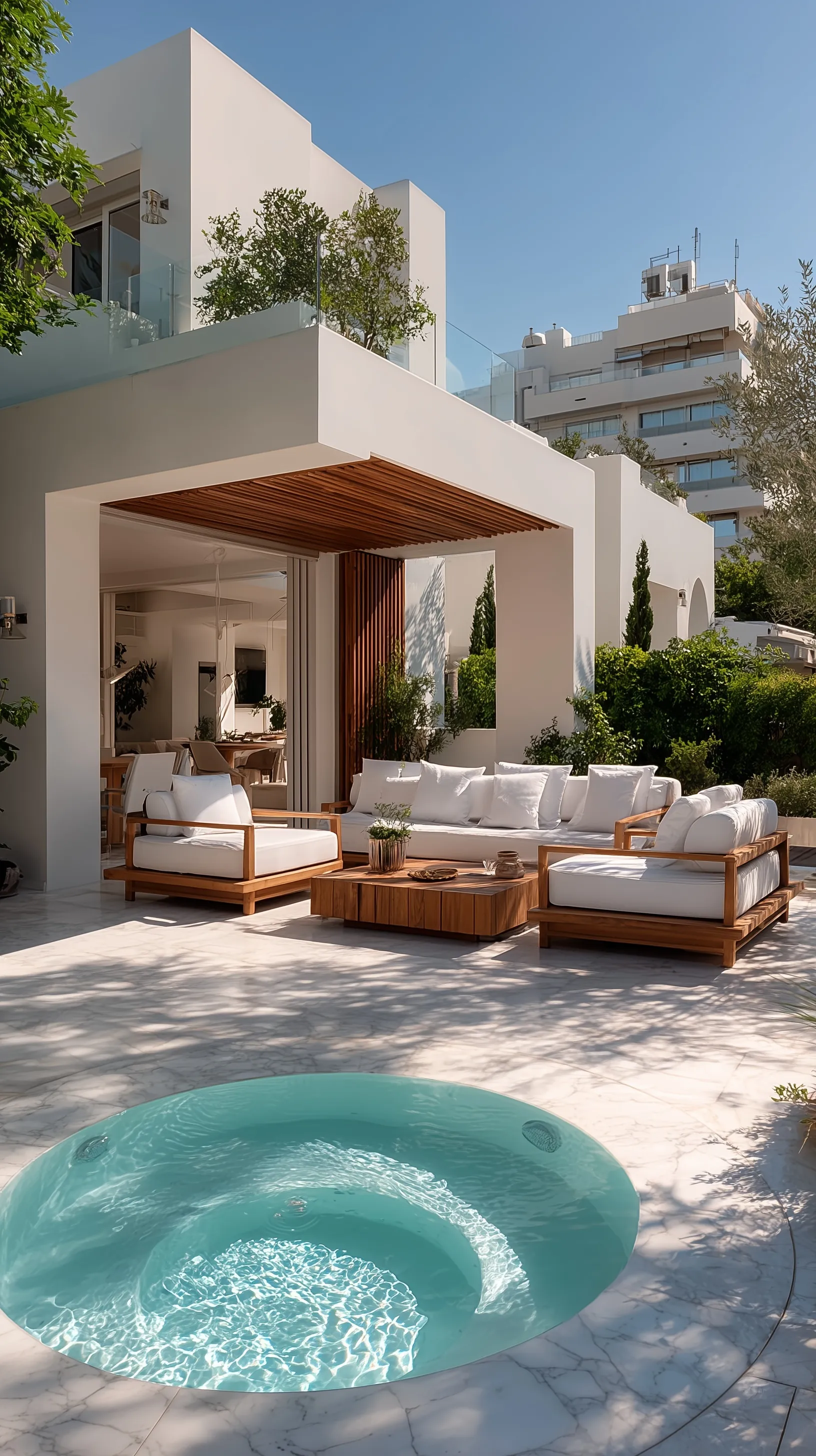 Modern backyard terrace with minimalist geometric pool, jacuzzi, and comfortable lounge area for relaxation.