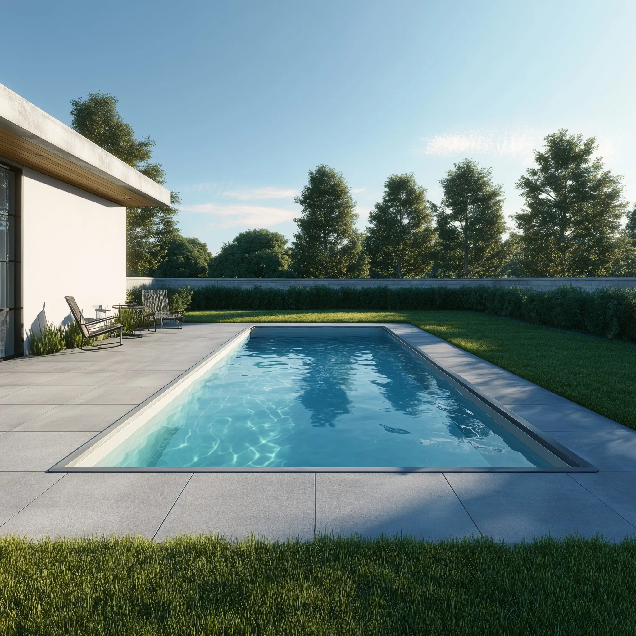 A sleek rectangular geometric pool with a grey metal frame in a modern backyard garden with lush green grass.