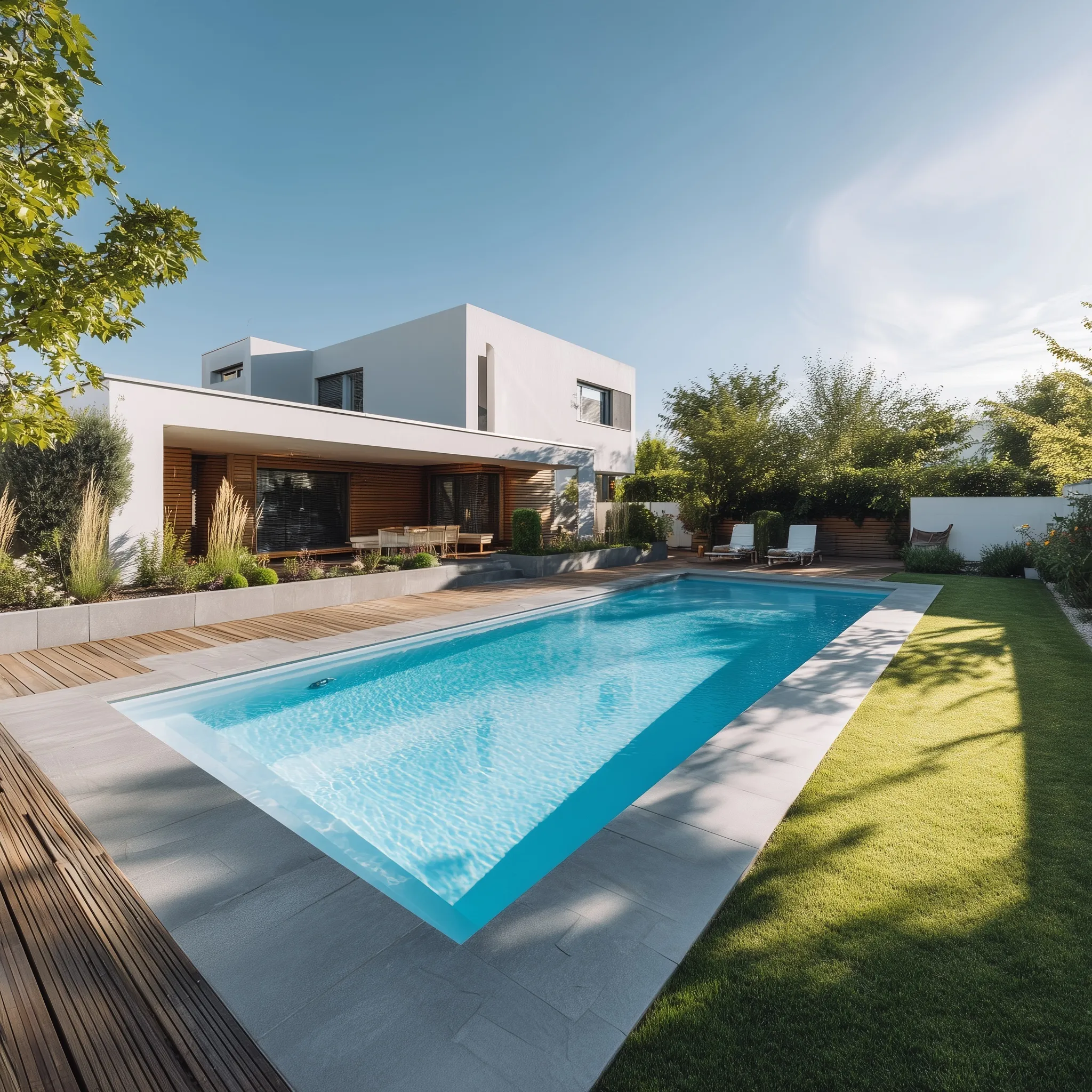 Modern geometric small backyard pool surrounded by a lush green lawn for a tranquil outdoor oasis.