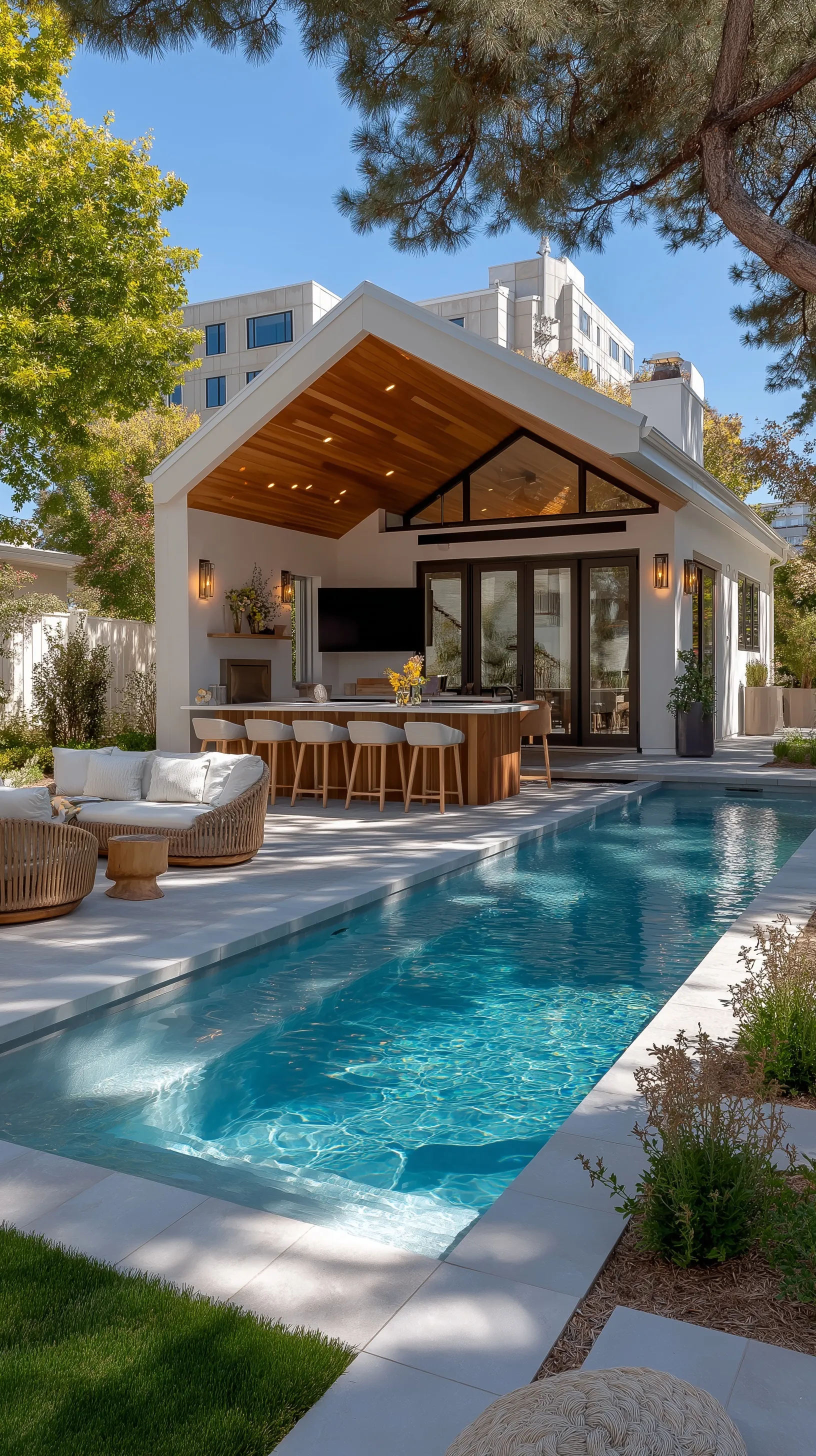 Modern small backyard pool design with a sleek pavilion, outdoor kitchen, and comfortable lounge area.