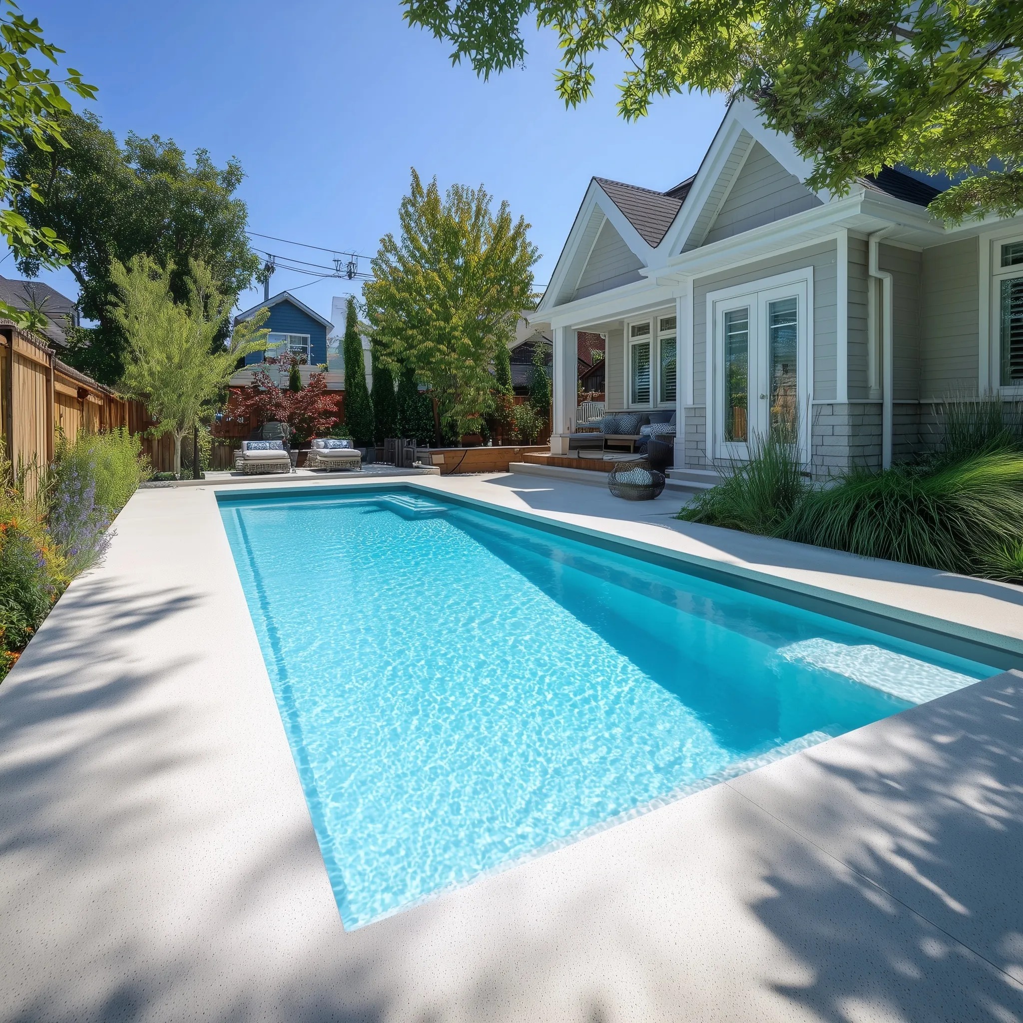 Geometric backyard swimming pool with a durable, slip-resistant polyurea concrete deck and lush garden landscaping.