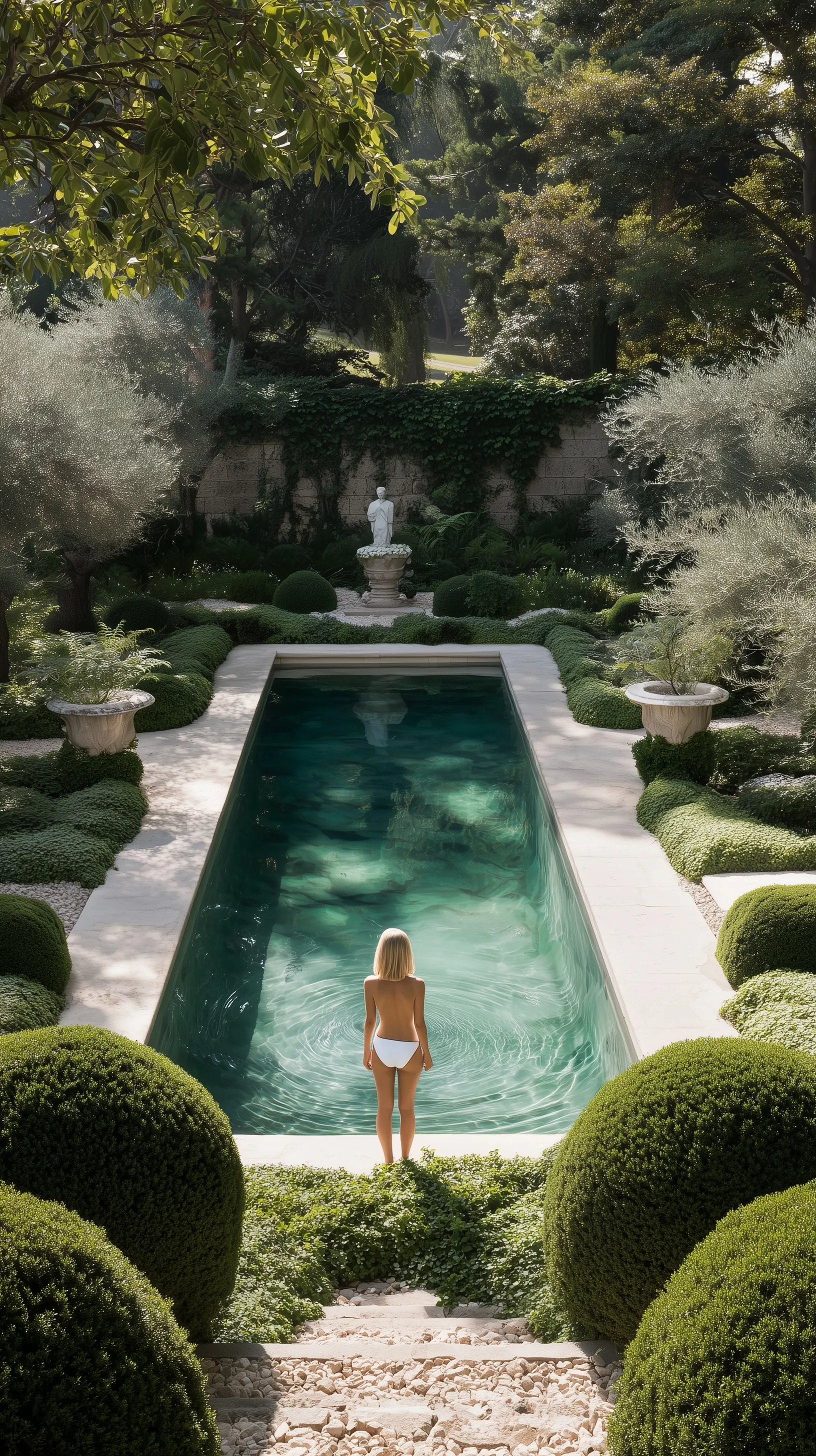 A woman in a white swimsuit standing by a small, elegant rectangular backyard geometric pool in a lush garden.