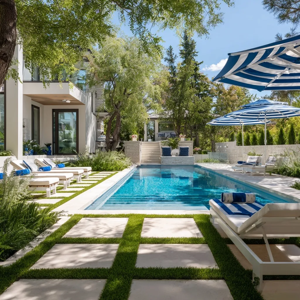 Modern geometric backyard pool featuring square tile and lawn pavers with sun loungers and striped parasol.