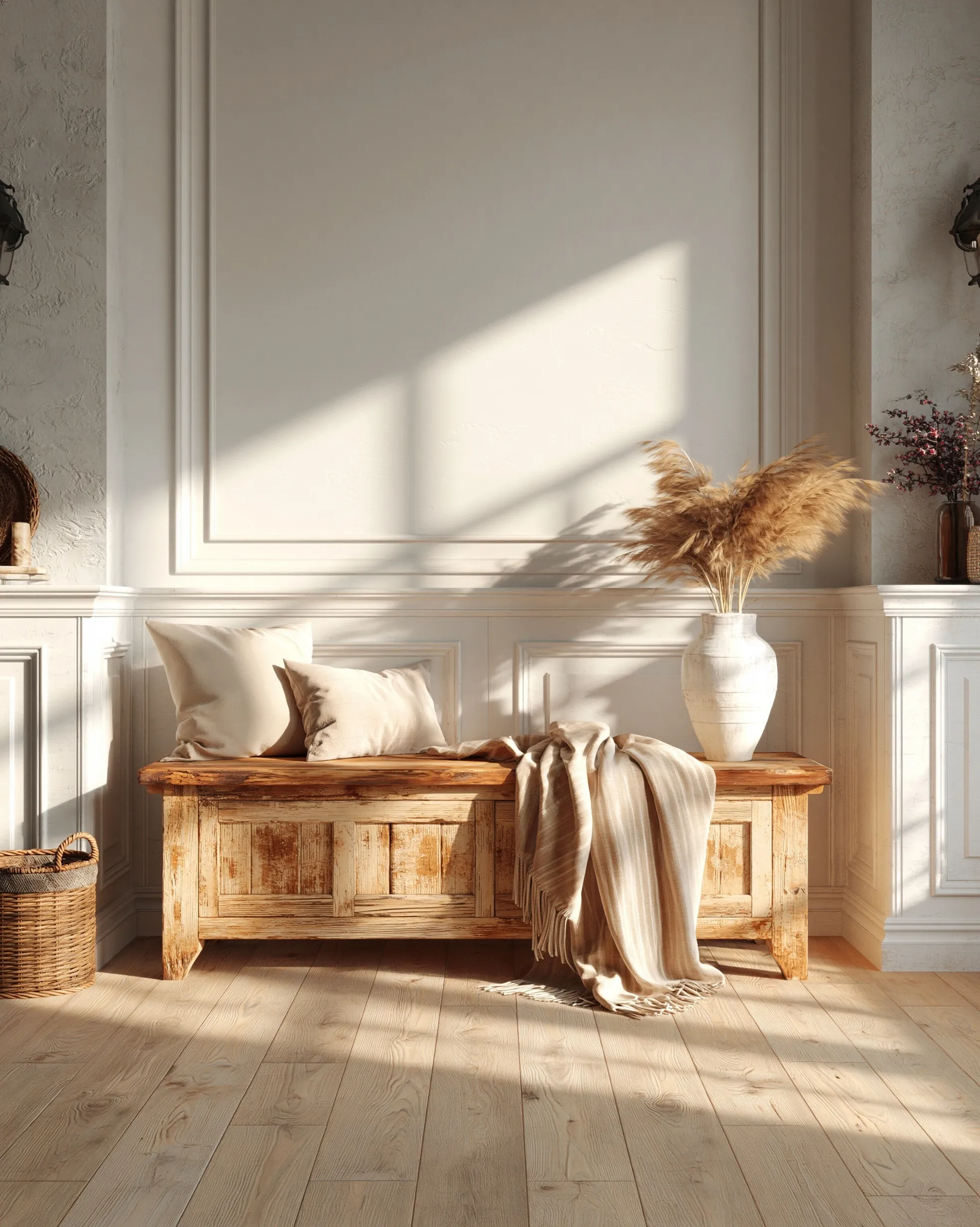 Modern farmhouse console table against a clean wall with a distressed wood bench and subtle home decor.