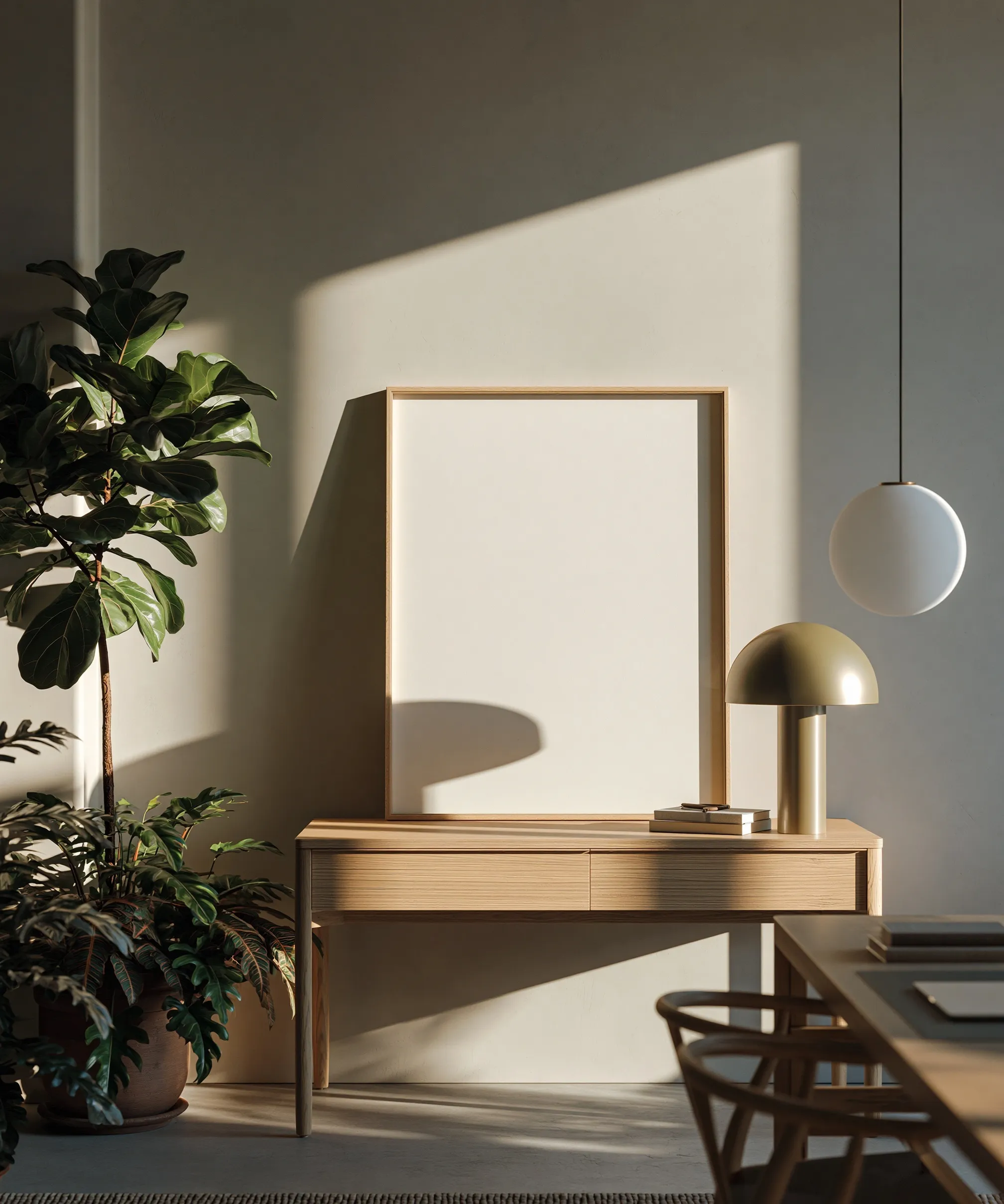 Close-up of a blank framed print with a light wood frame on a small console table in a bright, modern home office.