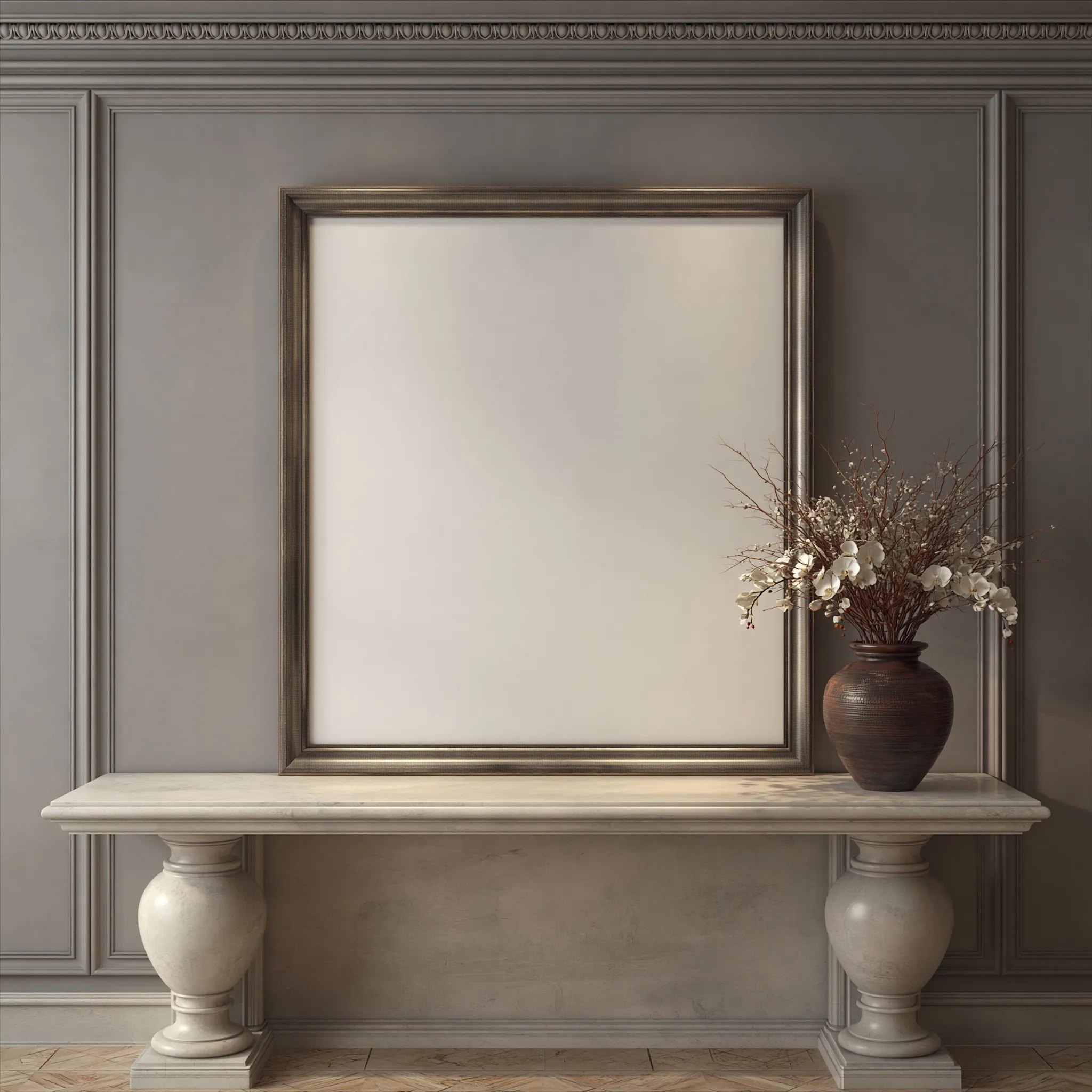 Mockup of a blank canvas in a floating frame above a small traditional wooden console table in a classic interior.
