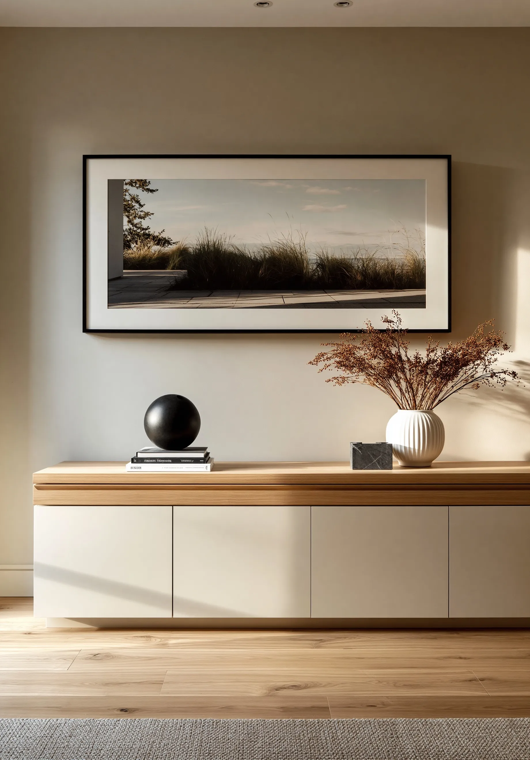 Minimalist light wood console table with cabinets, modern decor, and framed wall art in a beige interior room.