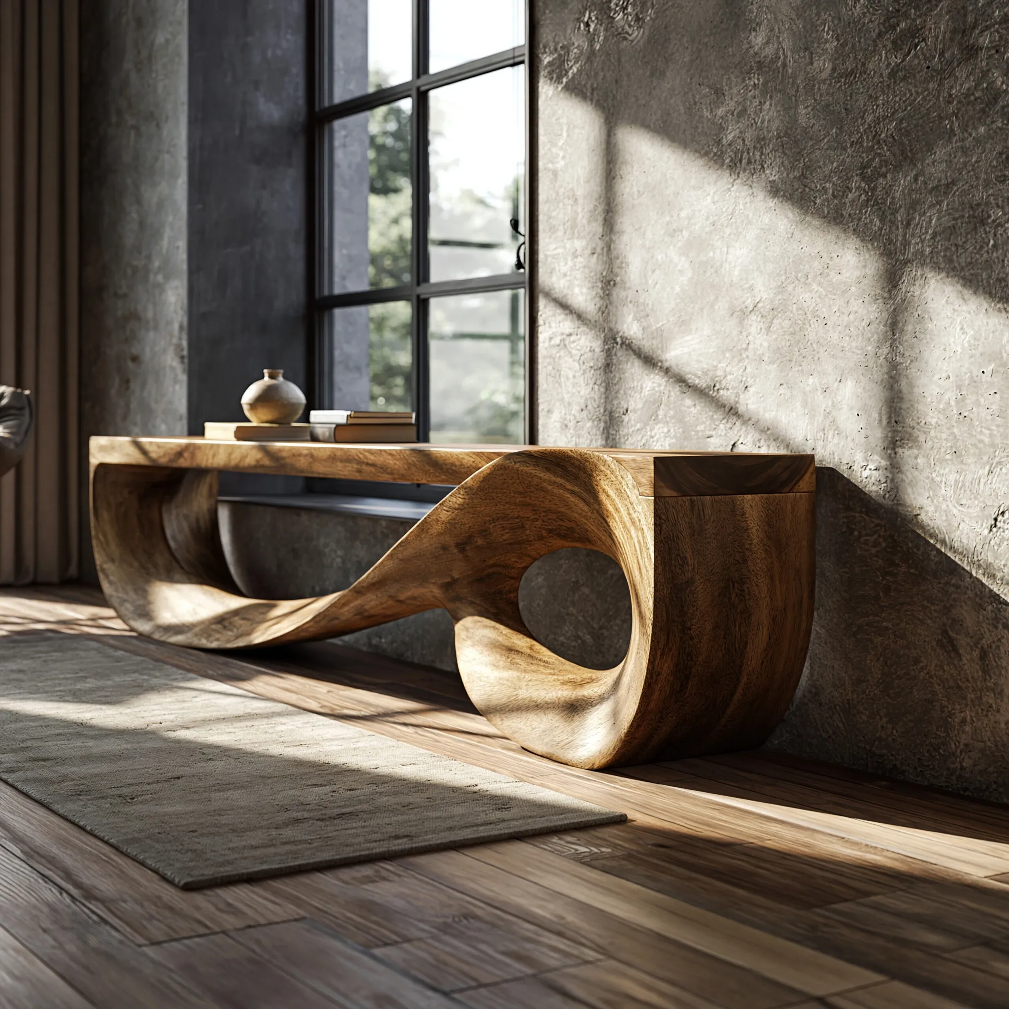 Organic sculptural TV console table made of solid monkey pod wood with a seamless curved loop design in a modern home.