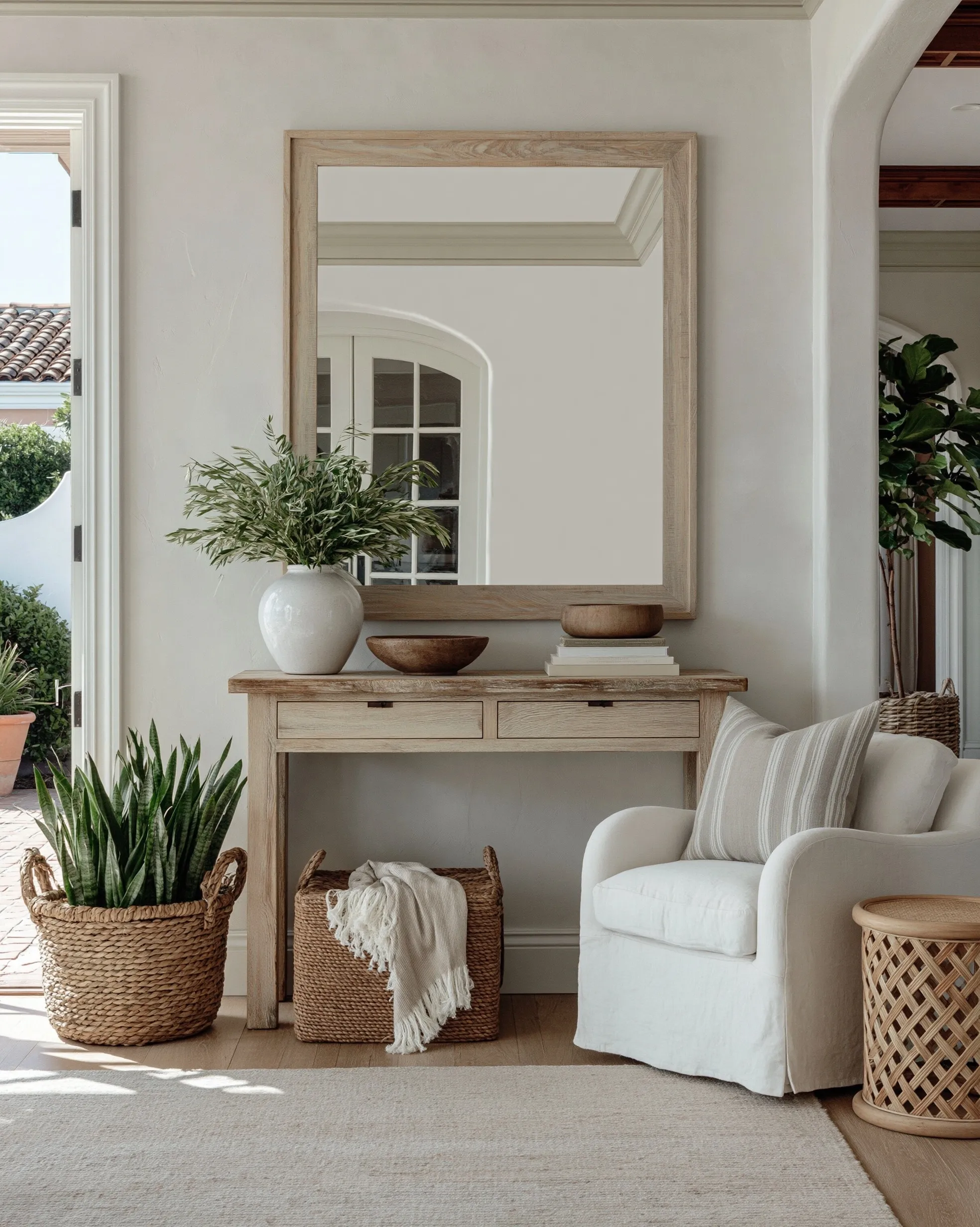 Minimalist natural wood console table mockup on a white plaster wall in a bright beach house interior.