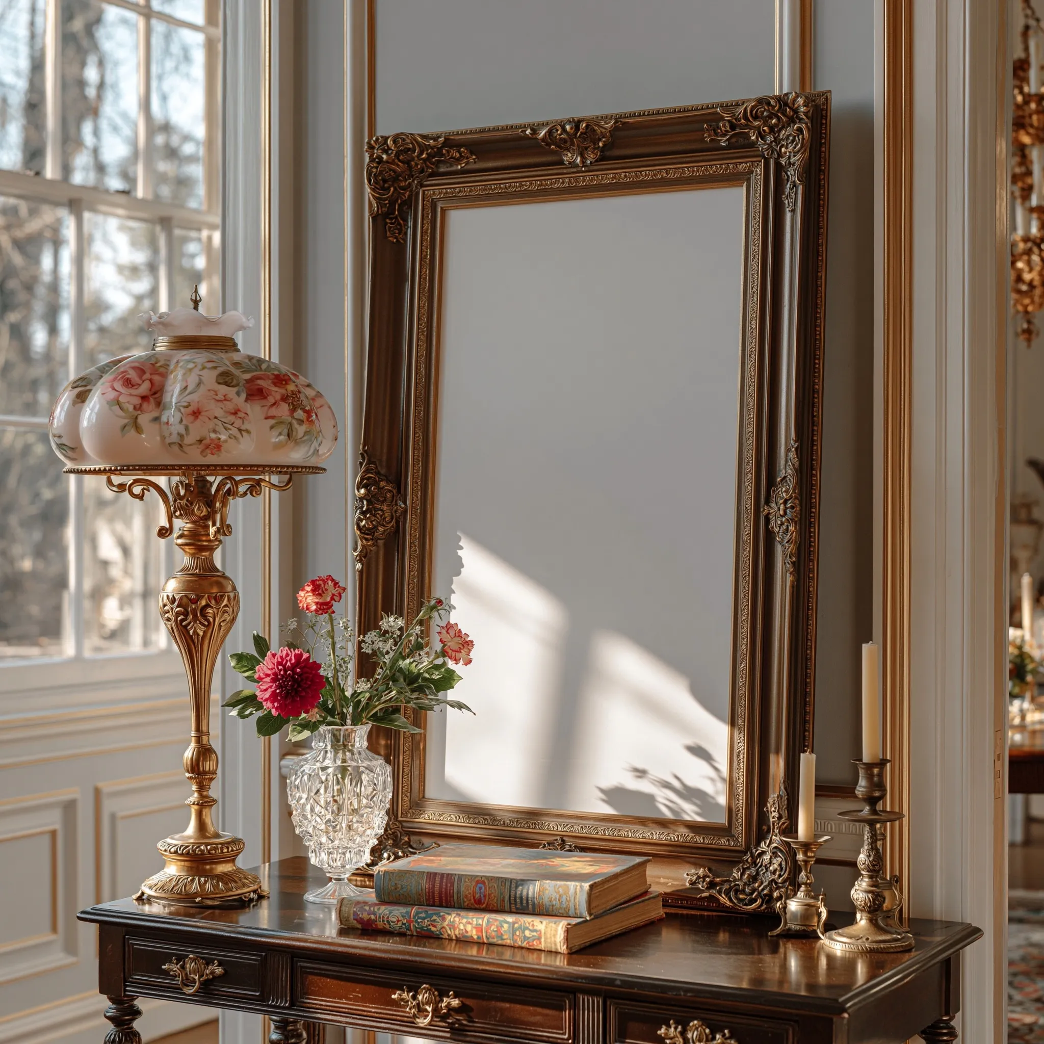 A blank vertical poster frame on a dark wood console table styled with vintage bronze lamps and fresh flowers.