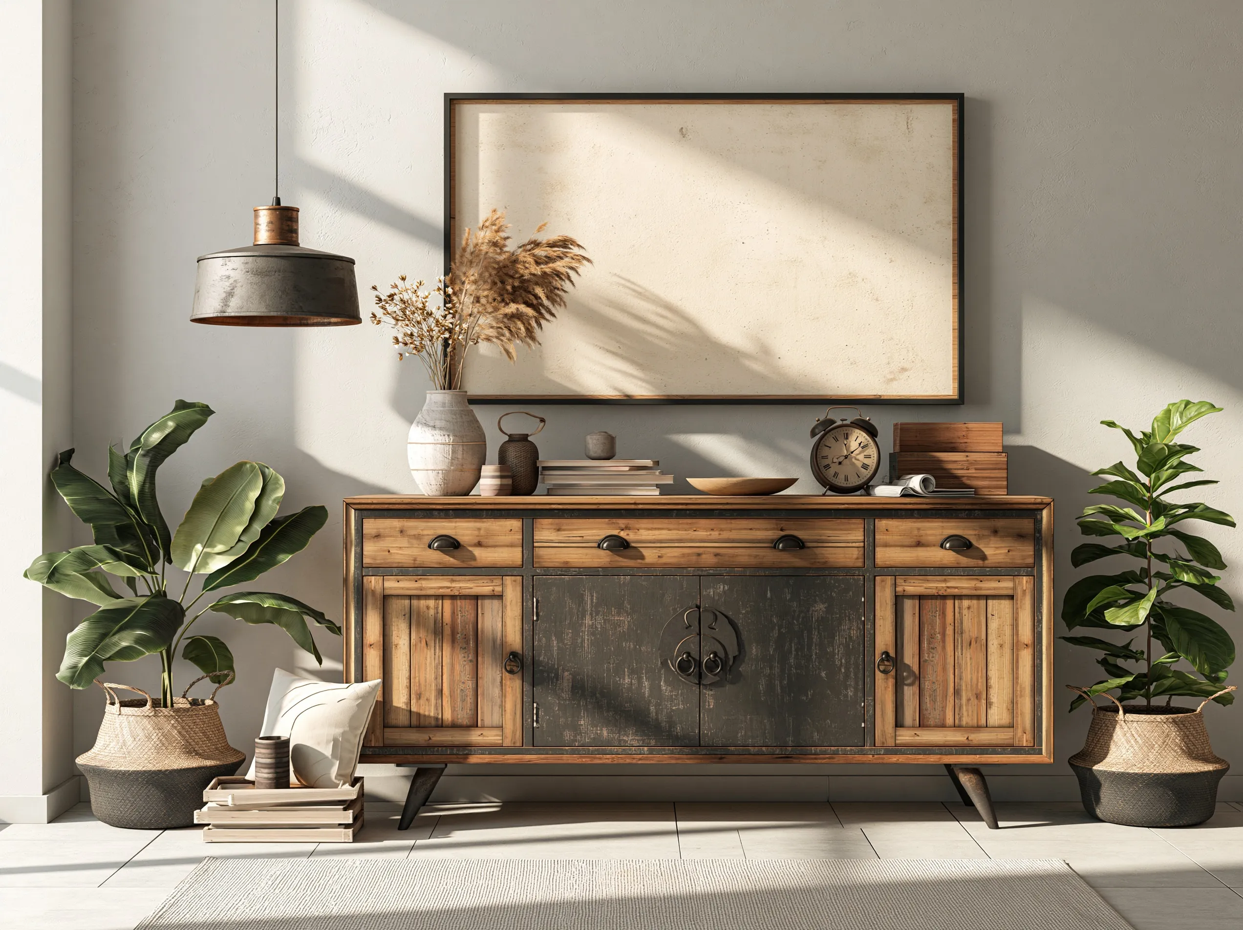 Minimalist Scandinavian sideboard with a blank DIN A2 landscape poster frame in a bright, modern living room.