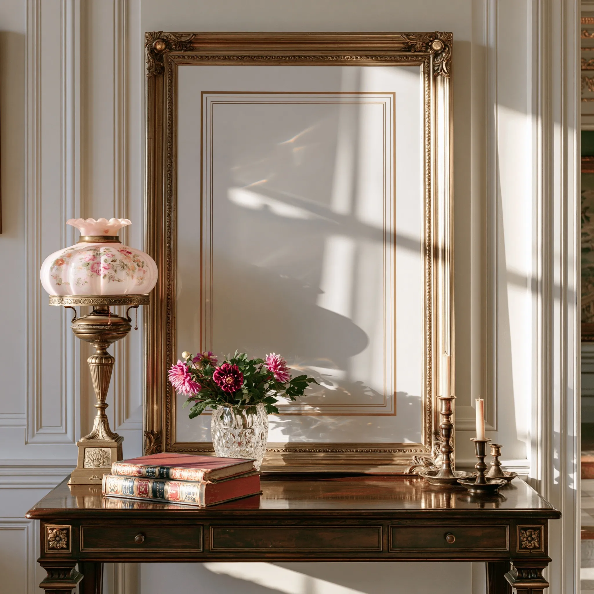 A blank vertical poster on a wooden console table with a vintage bronze lamp, floral vase, and antique books.