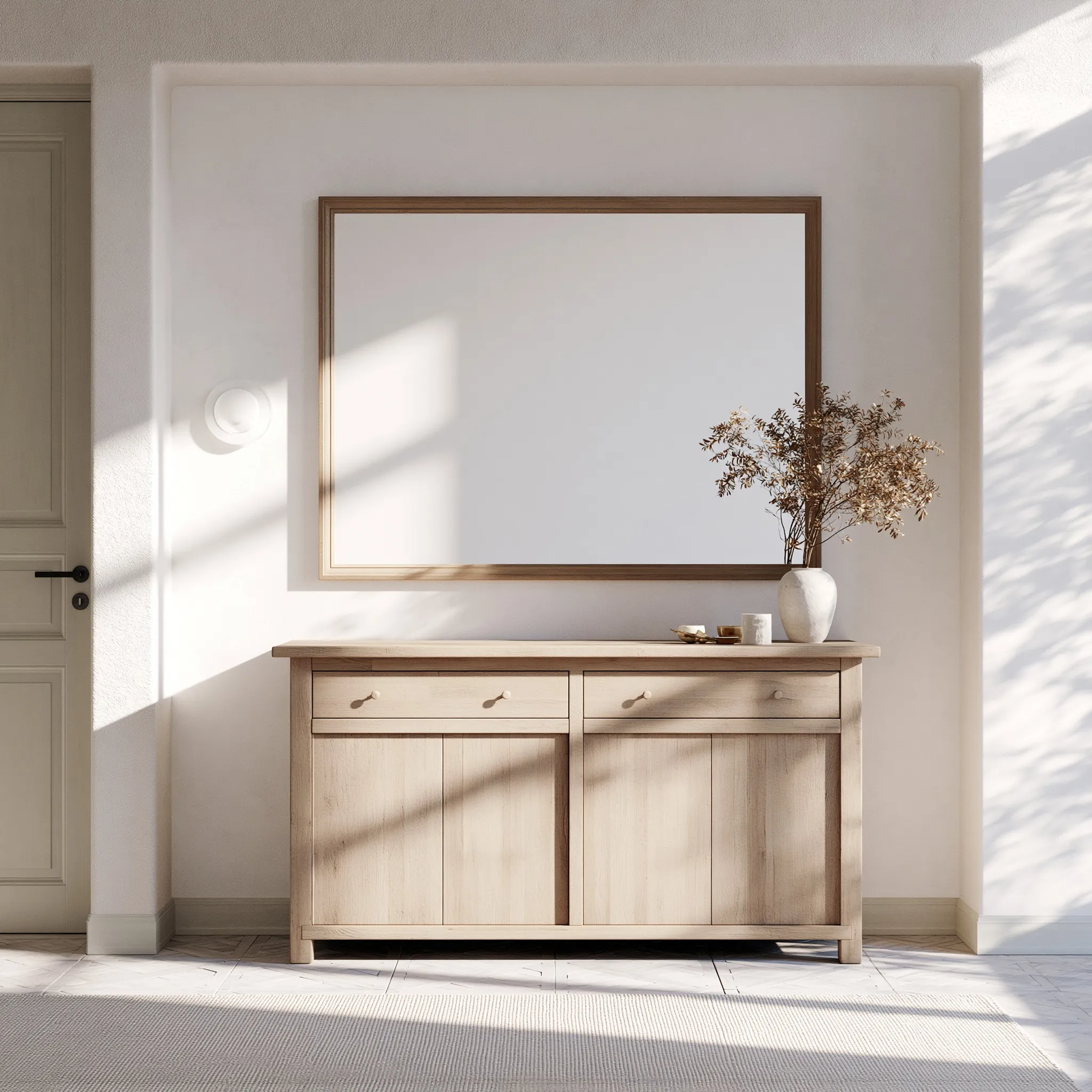 Minimalist wooden console table with elegant mirror against a clean matte white wall for interior design mockups.