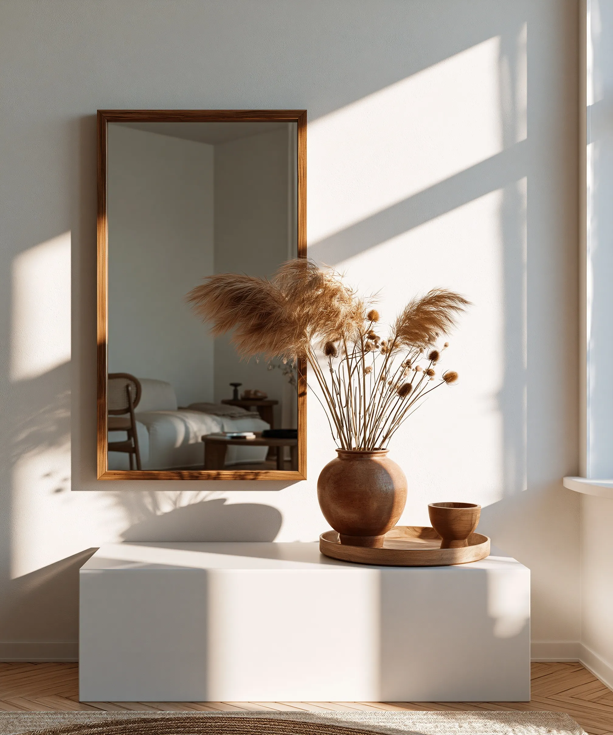 Minimalist living room featuring a vertical wooden framed art poster on a clean white wall with soft sunlight.