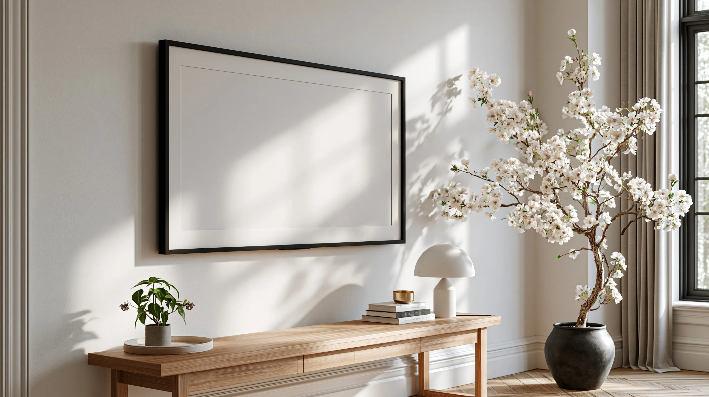Modern living room interior with a Samsung Frame TV above a minimalist console table and lamp.