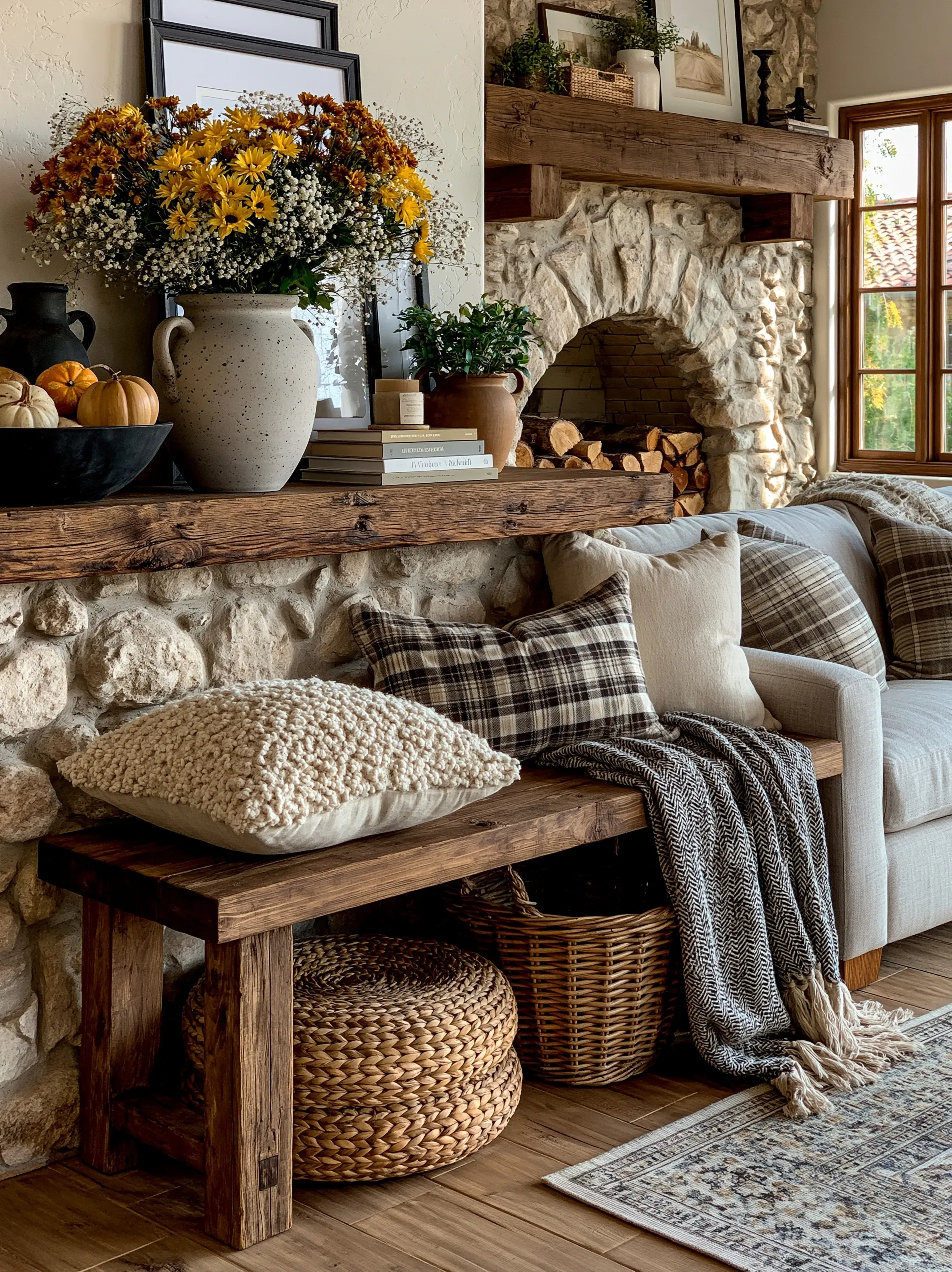 A charming small wooden console table styled with farmhouse aesthetic decor in a cozy home setting.