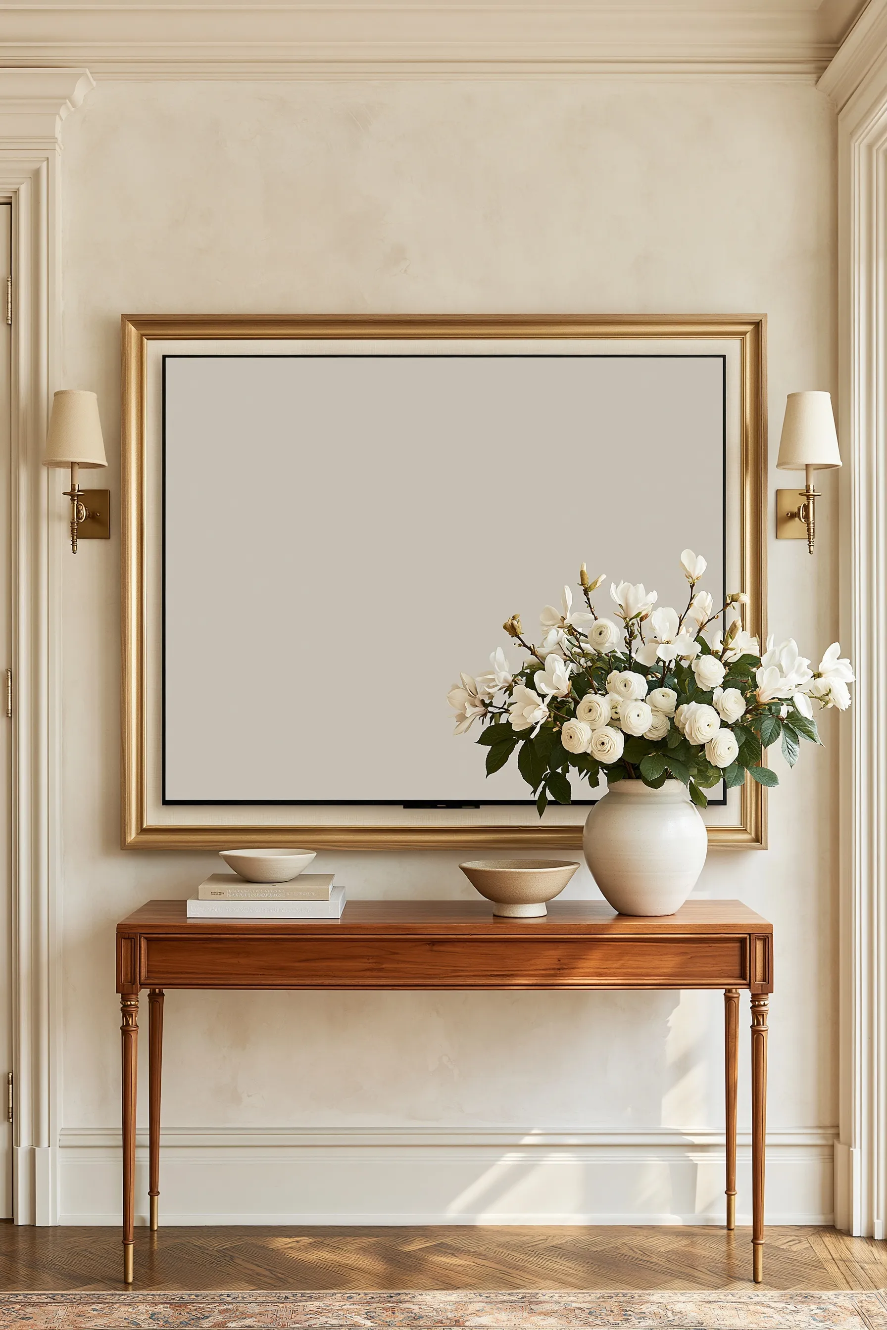 Luxury Samsung Frame TV on a neutral limewash wall, styled in a minimalist, quiet luxury interior design aesthetic.